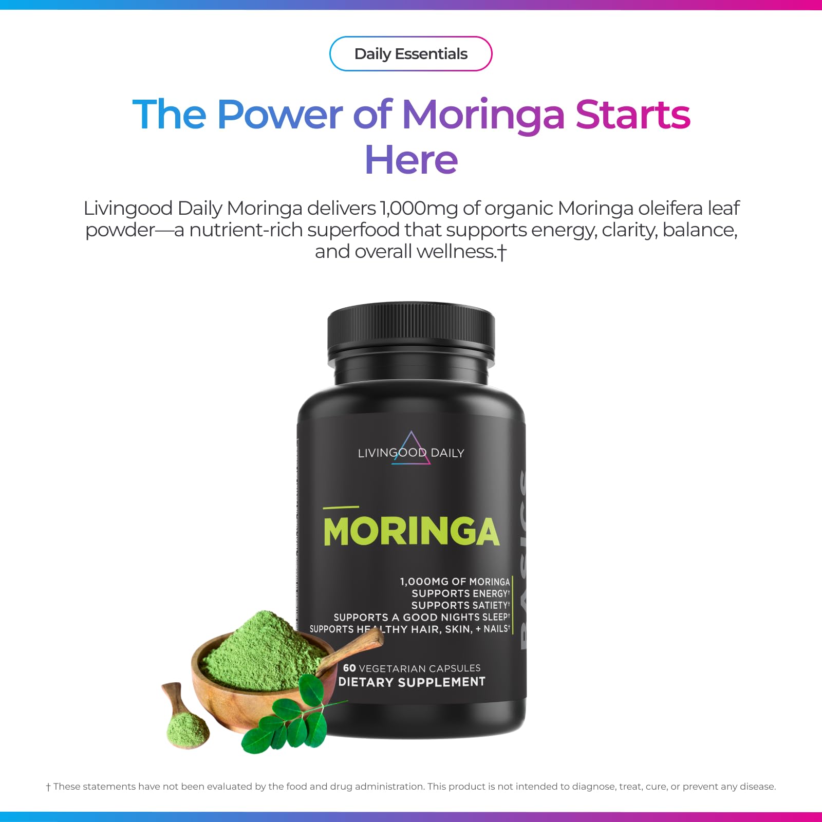 Livingood Daily Moringa capsules bottle label highlights clean vegan ingredients for daily use.