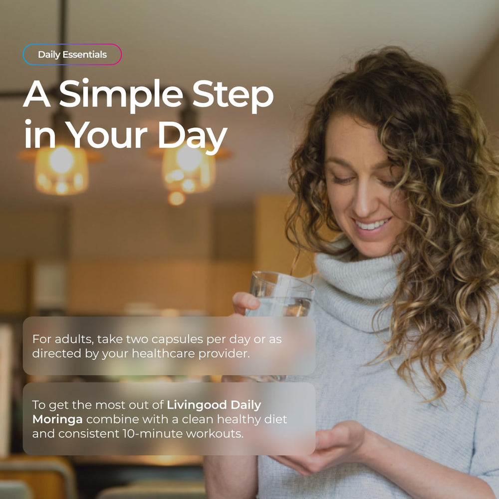 Livingood Daily Moringa bottle pouring into hand illustrates easy daily wellness habit.