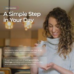 Livingood Daily Moringa bottle pouring into hand illustrates easy daily wellness habit.
