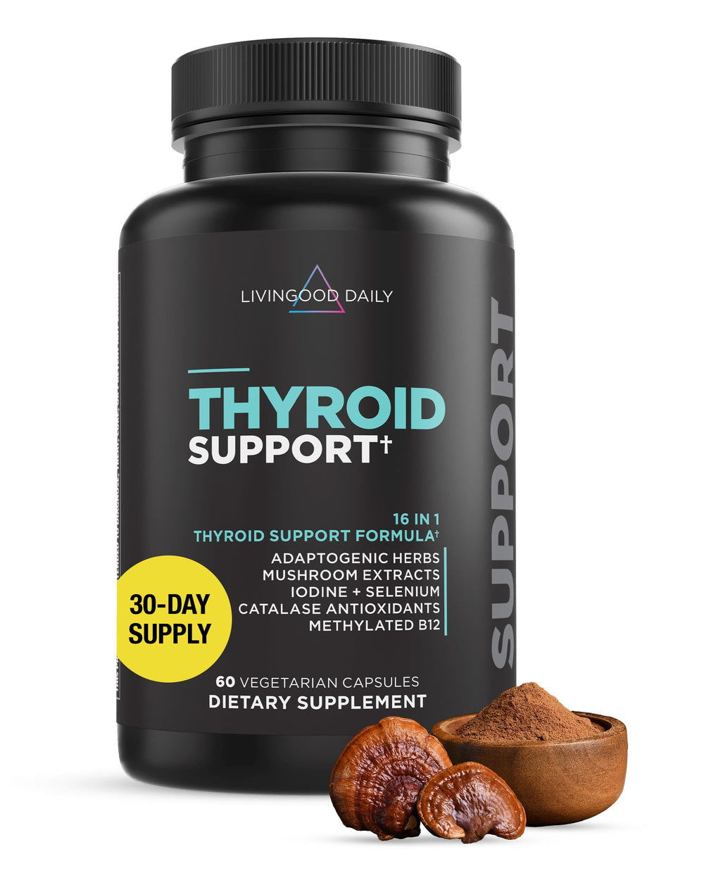 Livingood Daily Thyroid Support bottle close-up showing gluten-free formula.