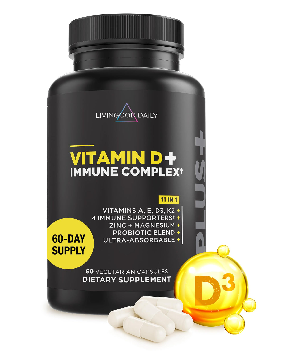 Livingood Daily Vitamin D3 K2 4000 IU bottle on shelf for daily wellness.
