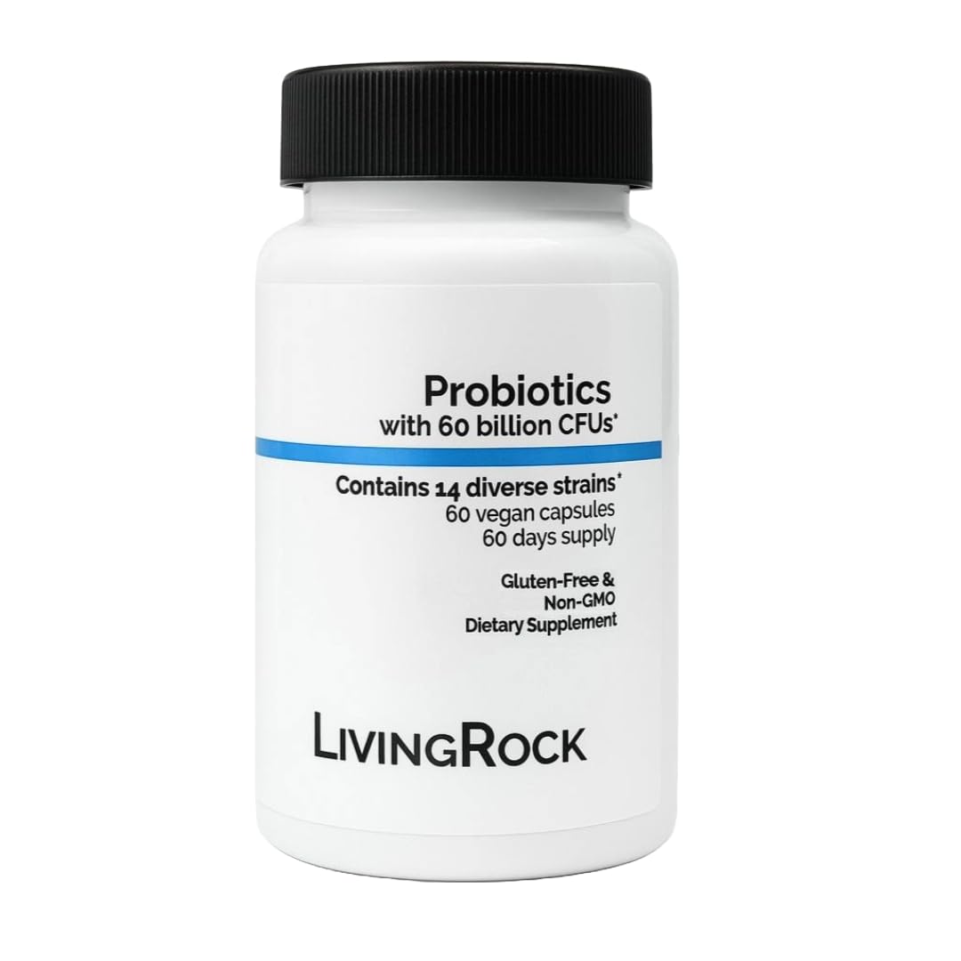 LivingRock Probiotics bottle showing 60B CFU for daily gut support
