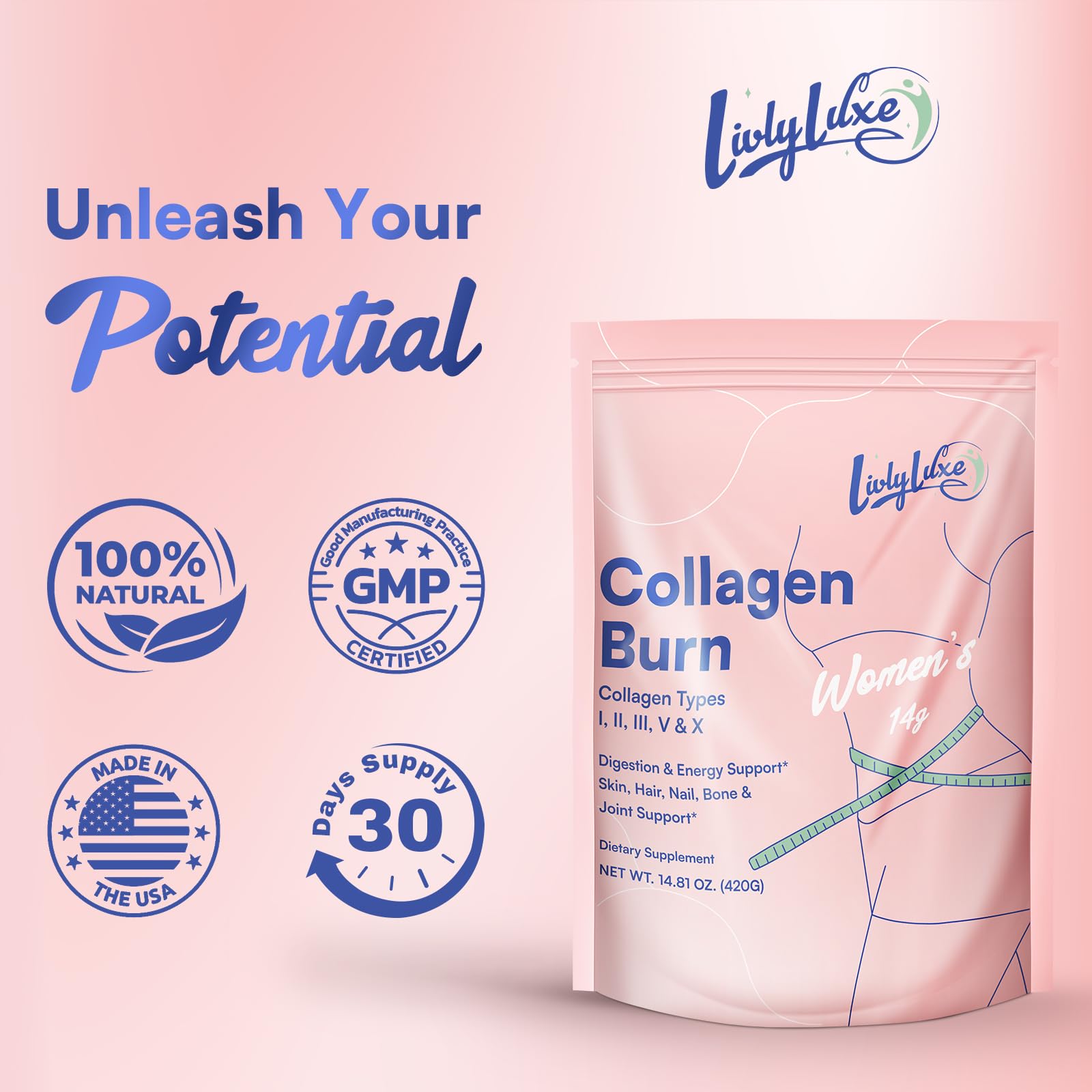LivLyLuxe Collagen Burn probiotic blend supports gut health and balanced digestion.