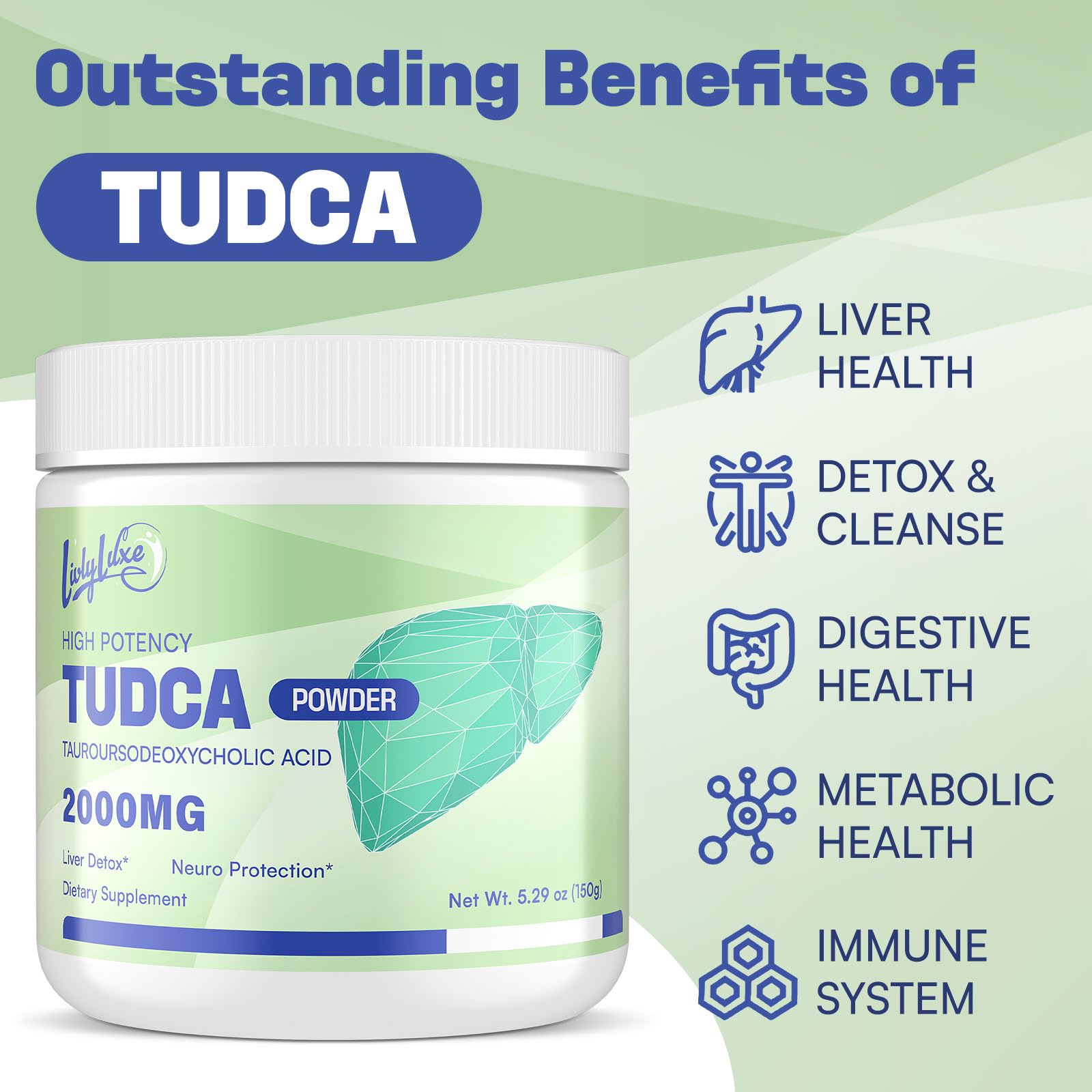 LivLyLuxe TUDCA powder scoop with serving size for consistent intake.
