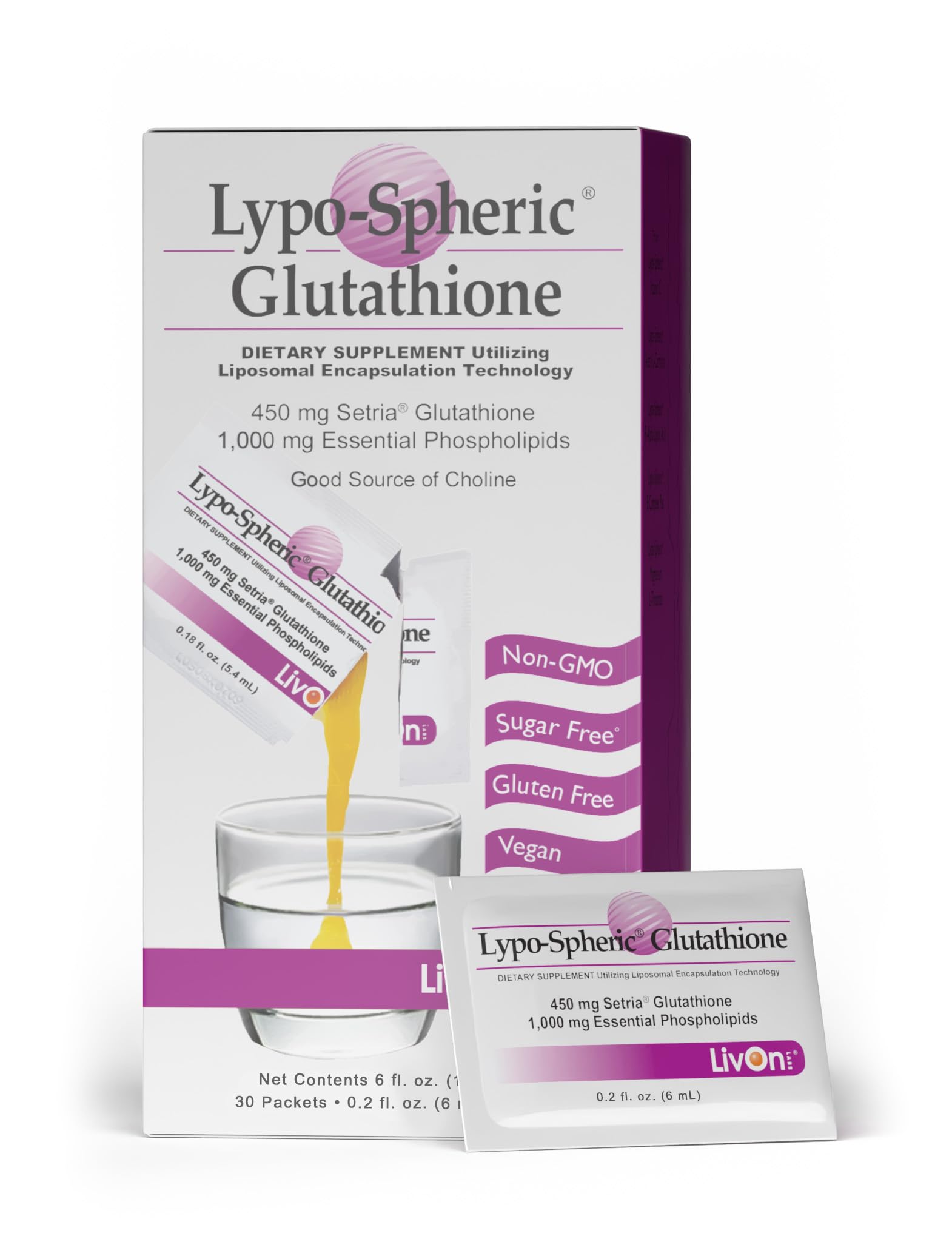 LivOn Lypo-Spheric Glutathione bottle highlighting liposome delivery for enhanced absorption.