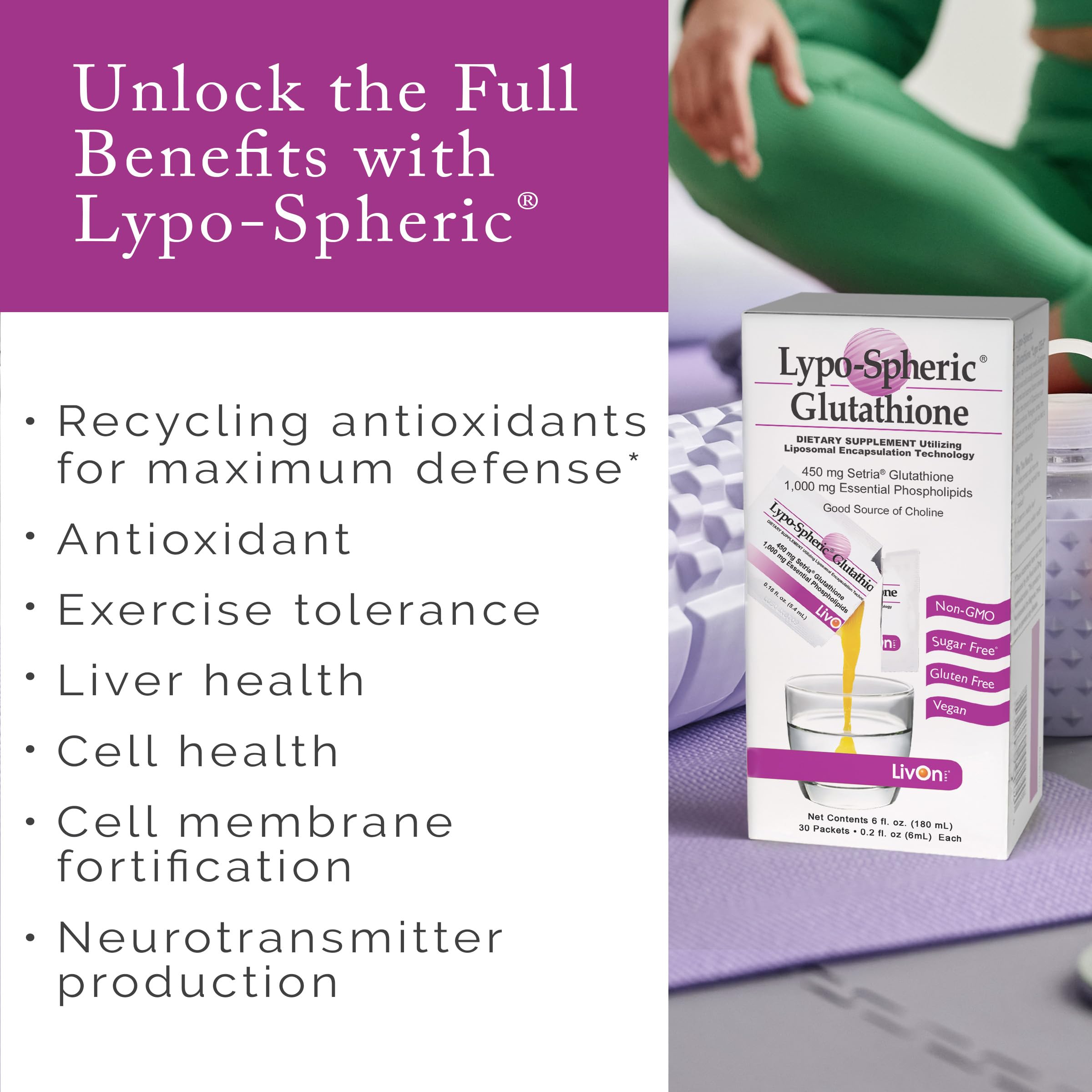LivOn Lypo-Spheric Glutathione liposome encapsulation supports improved absorption.