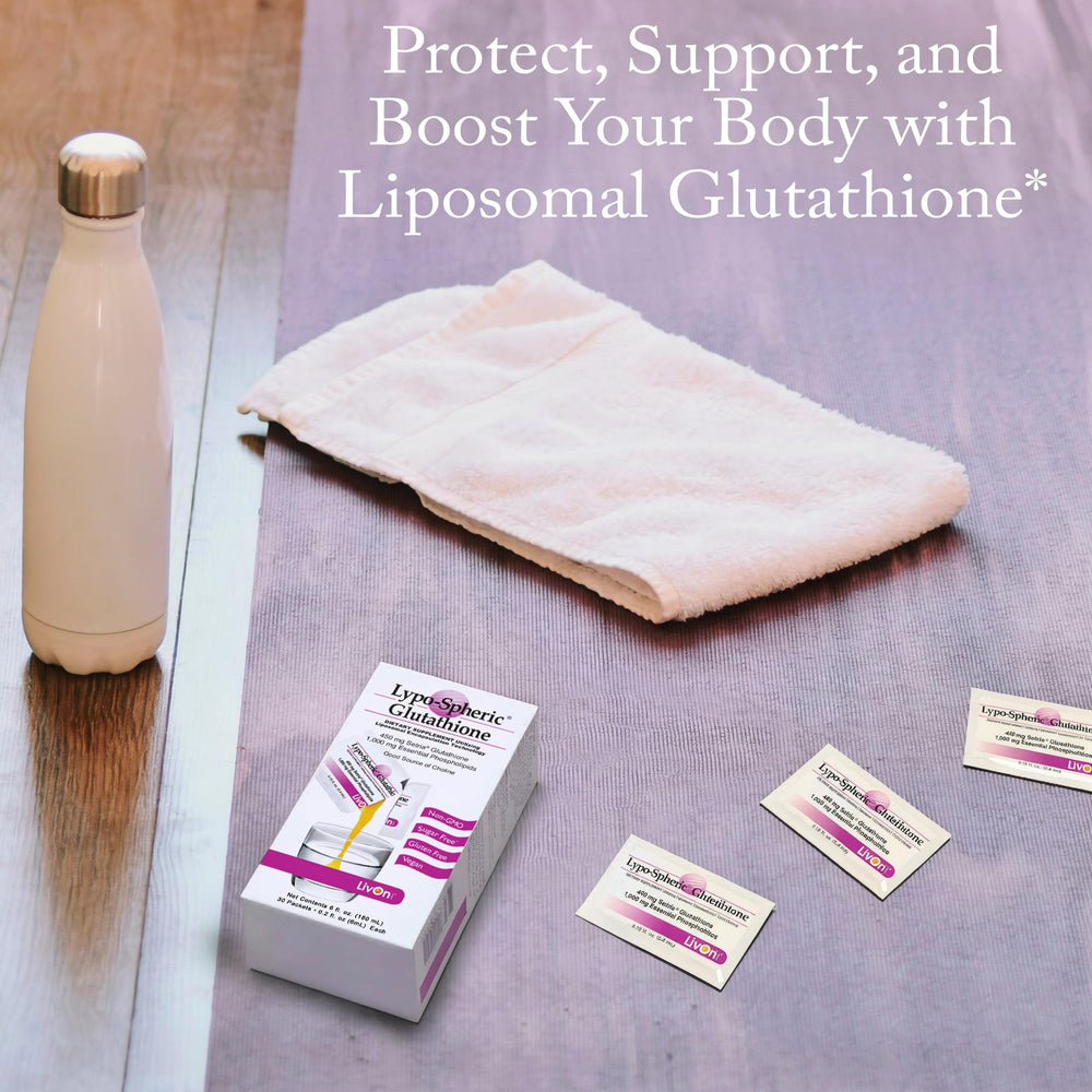 LivOn Glutathione packets squeezed into water for convenient dosing.