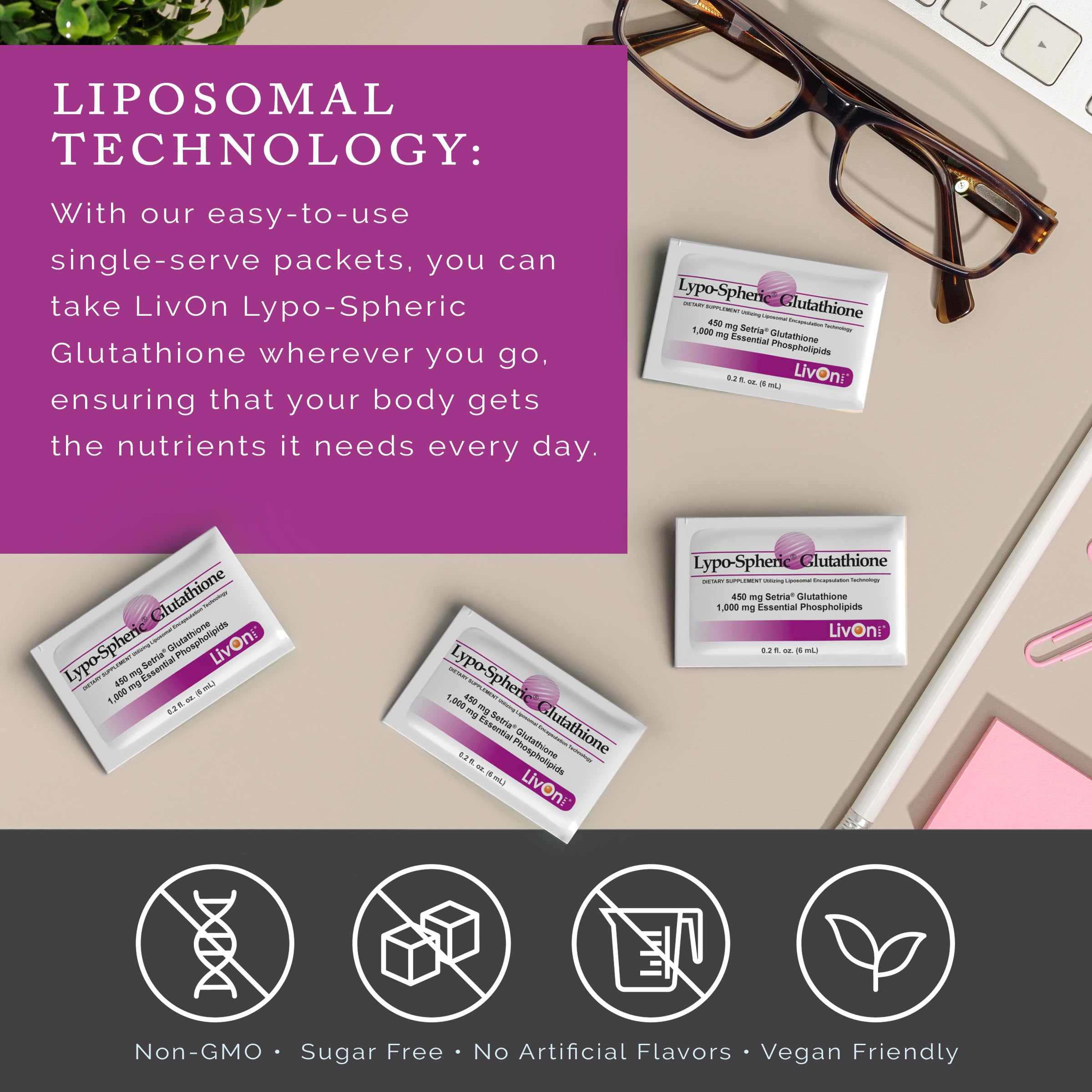 LivOn Glutathione packet being squeezed into water for quick intake.