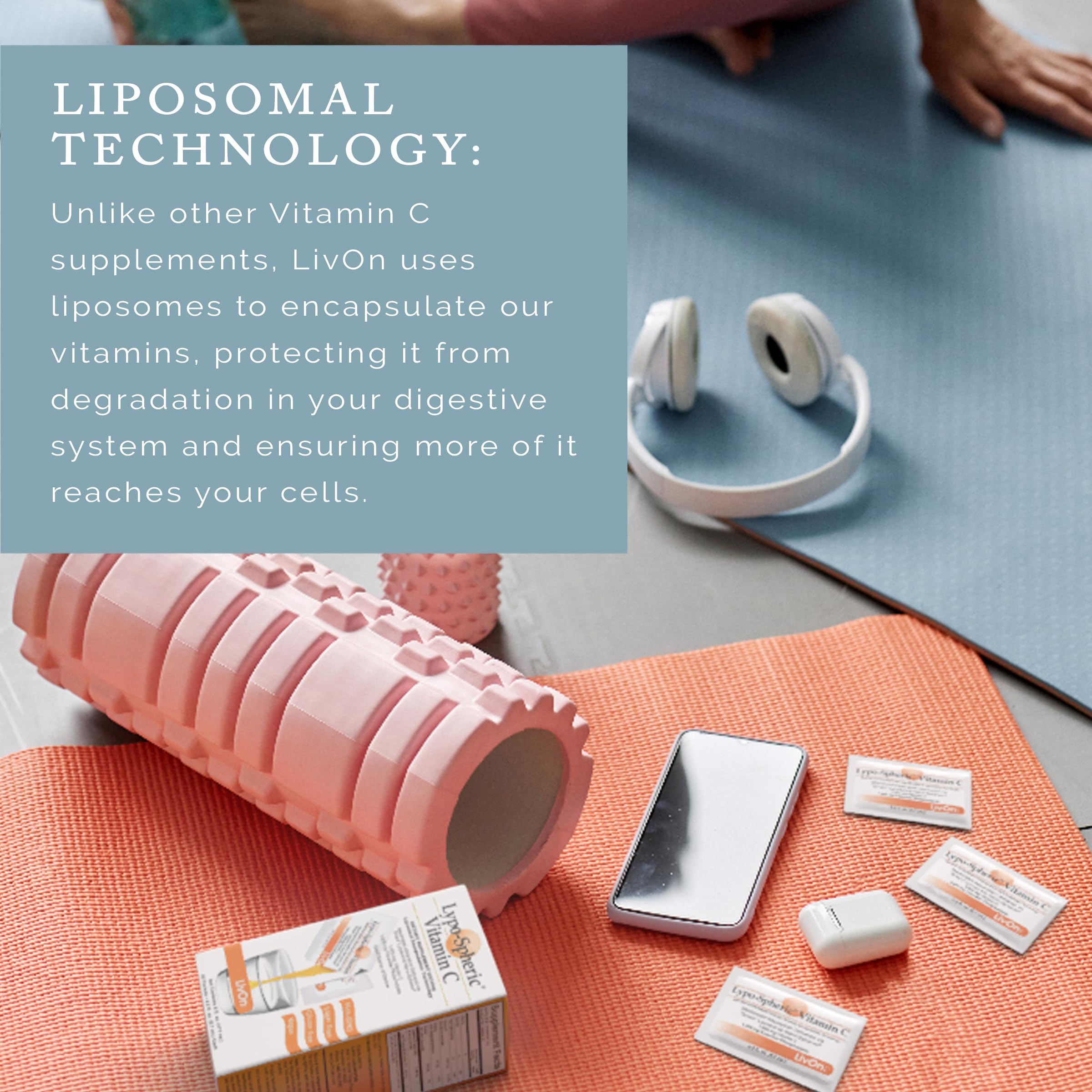 LivOn Liposomal Vitamin C bottle and packets showing convenient daily supplementation