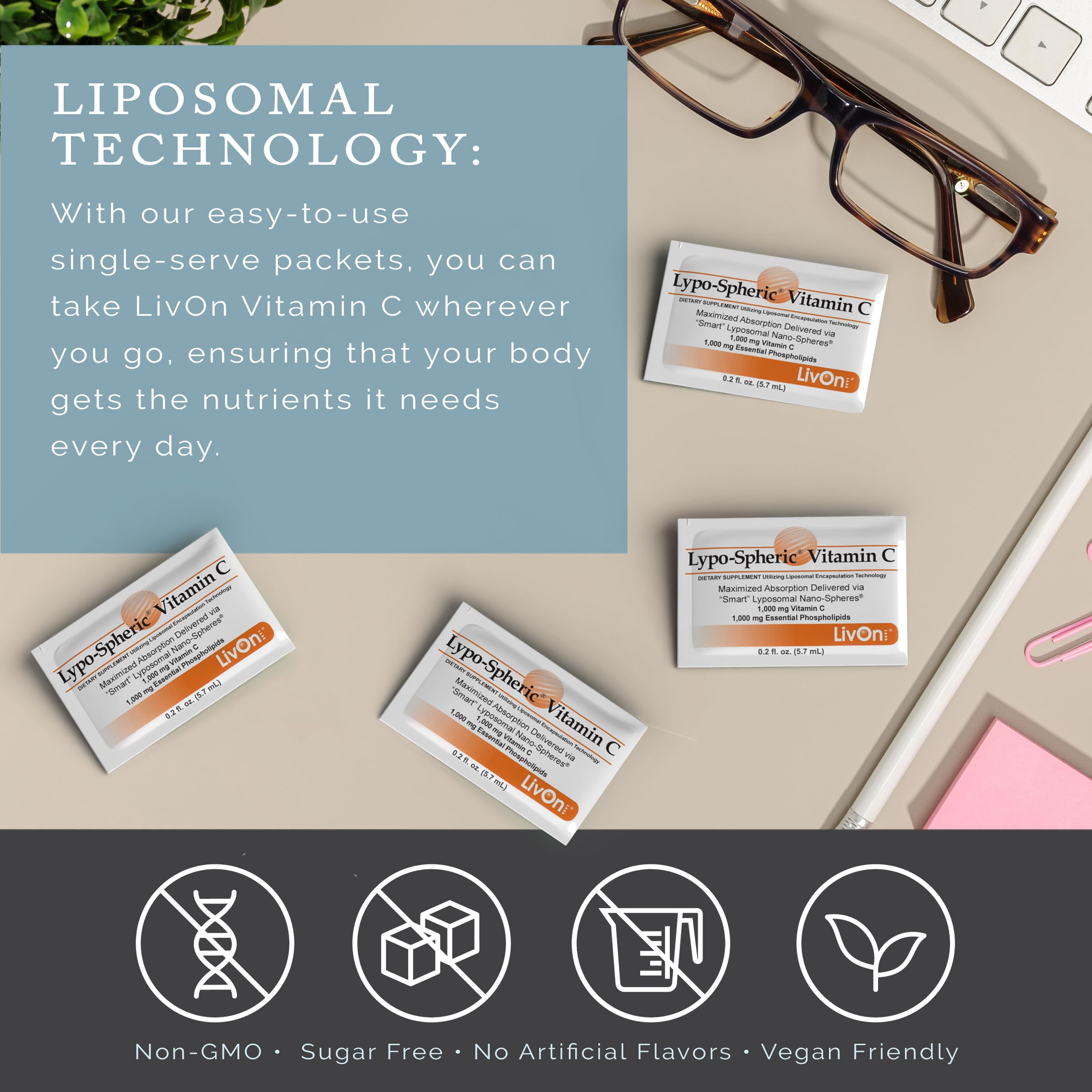 LivOn Liposomal Vitamin C phospholipid matrix overview emphasizing non-GMO formulation