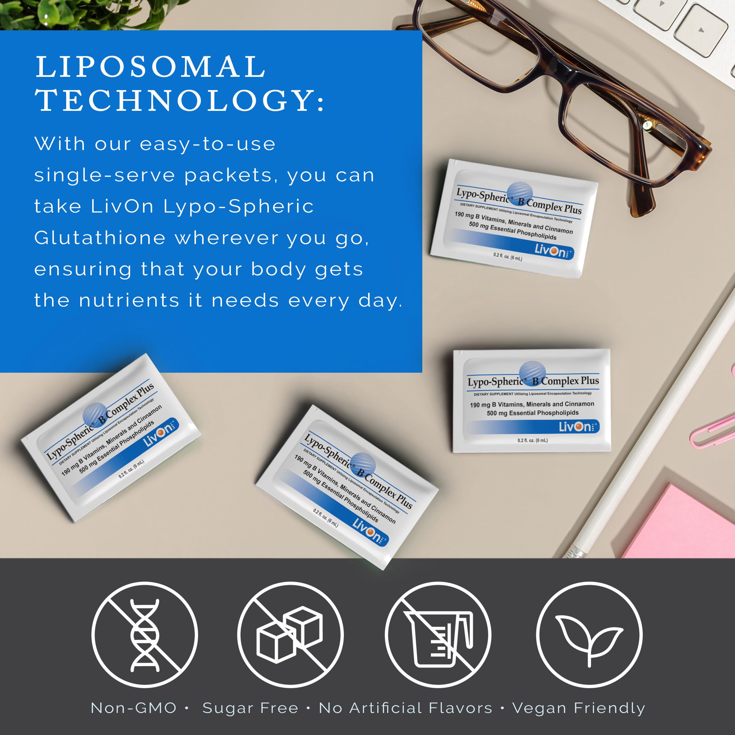 LivOn Lypo-Spheric B Complex Plus packet carried on the go for daily use.