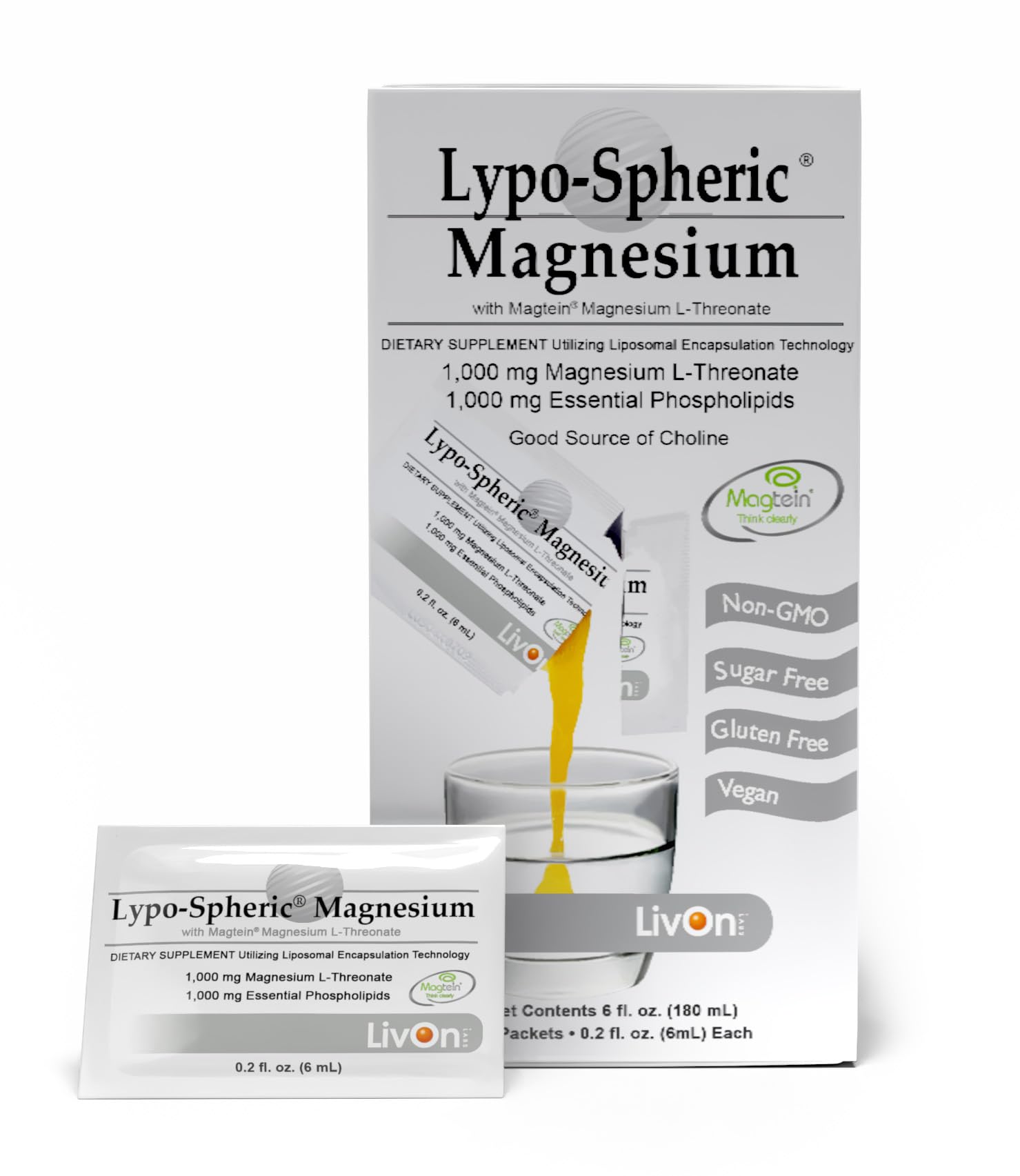 LivOn Lypo-Spheric Magnesium L-Threonate packets ready to mix in water for easy intake.