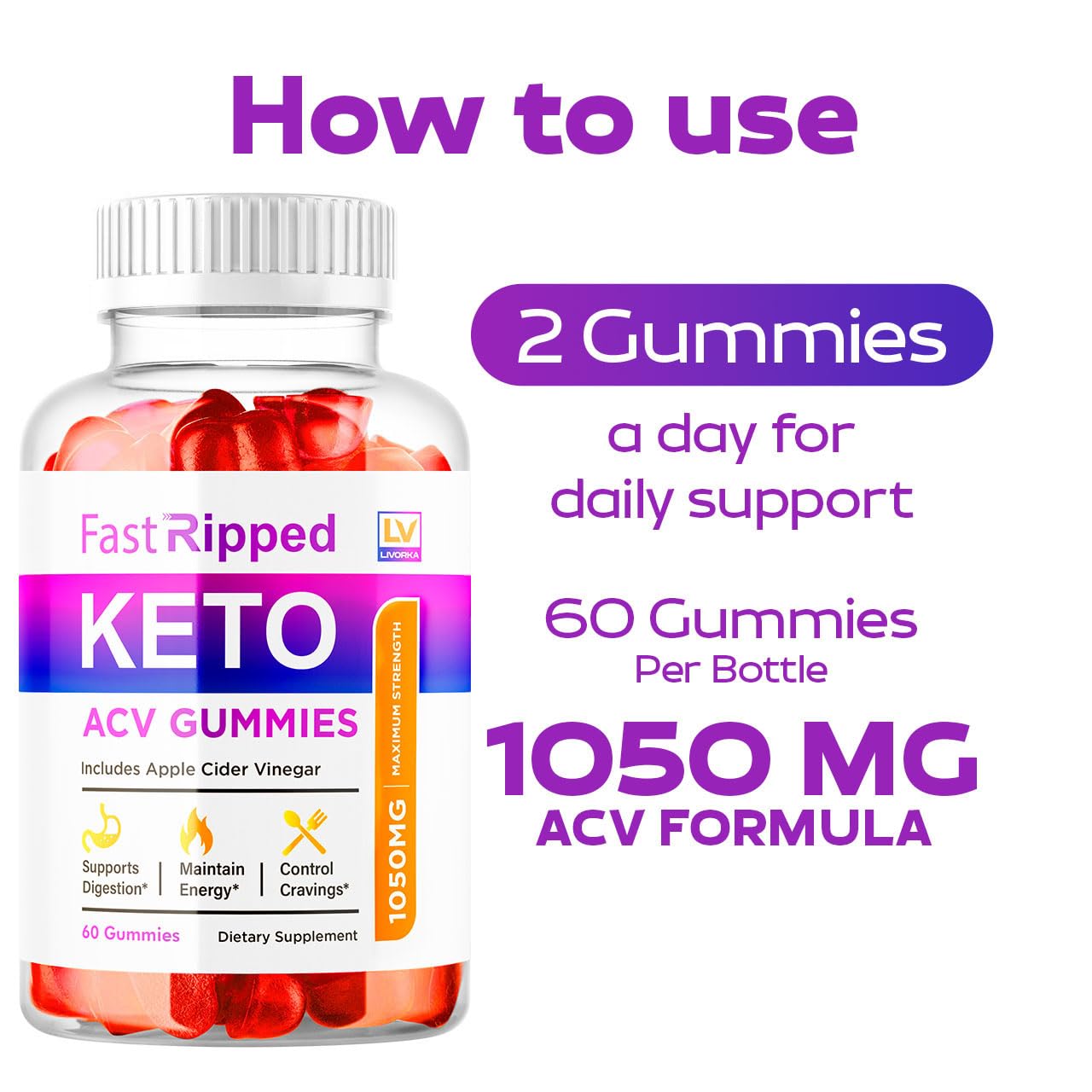 LIVORKA label close-up showing 1050mg ACV and keto blend.
