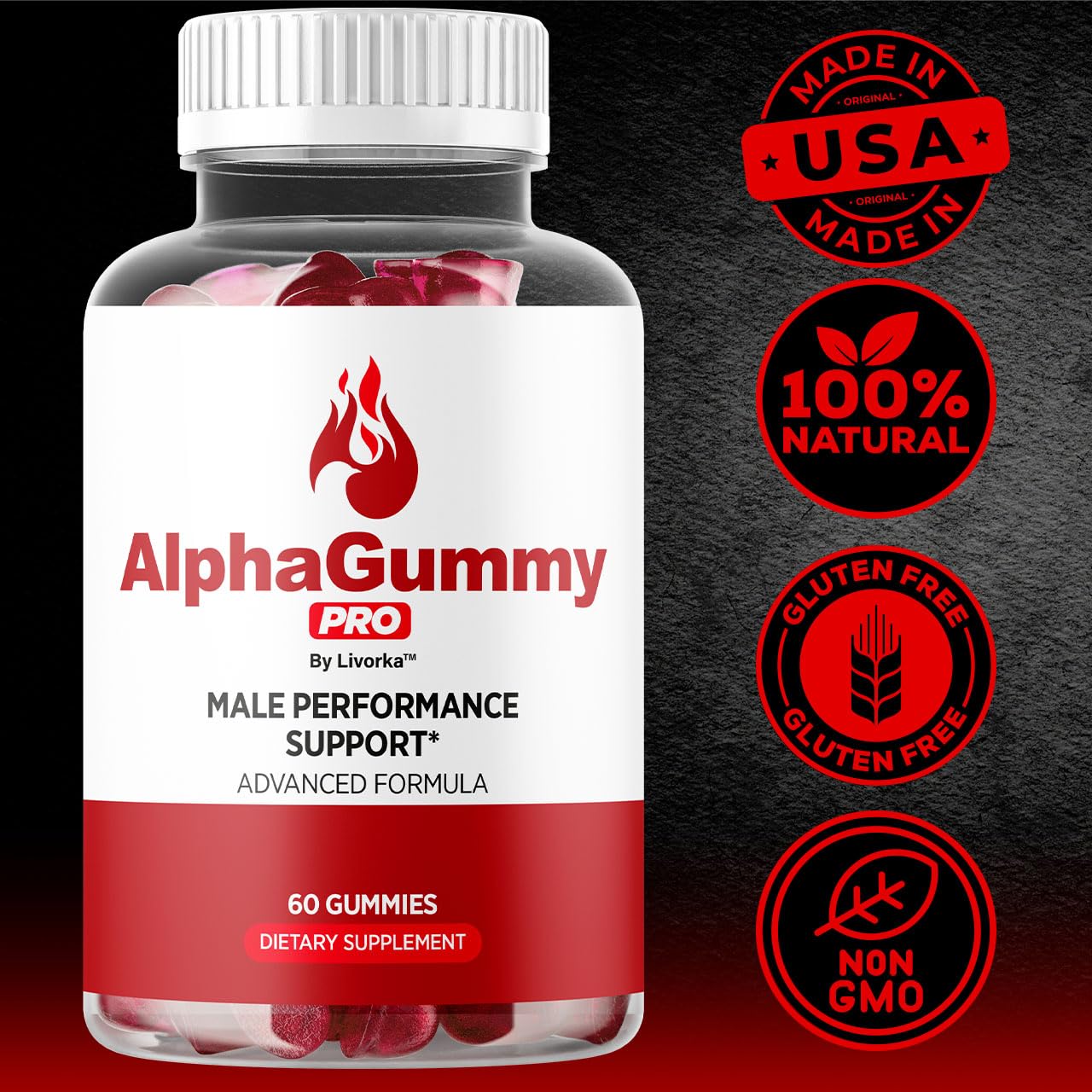 LIVORKA Alpha Gummy Pro for Men label detail emphasizing premium formula