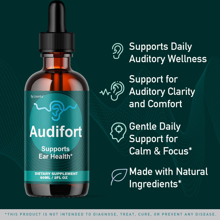 LIVORKA Audifort Drops 5 pack display highlighting value for monthly ear care routine.