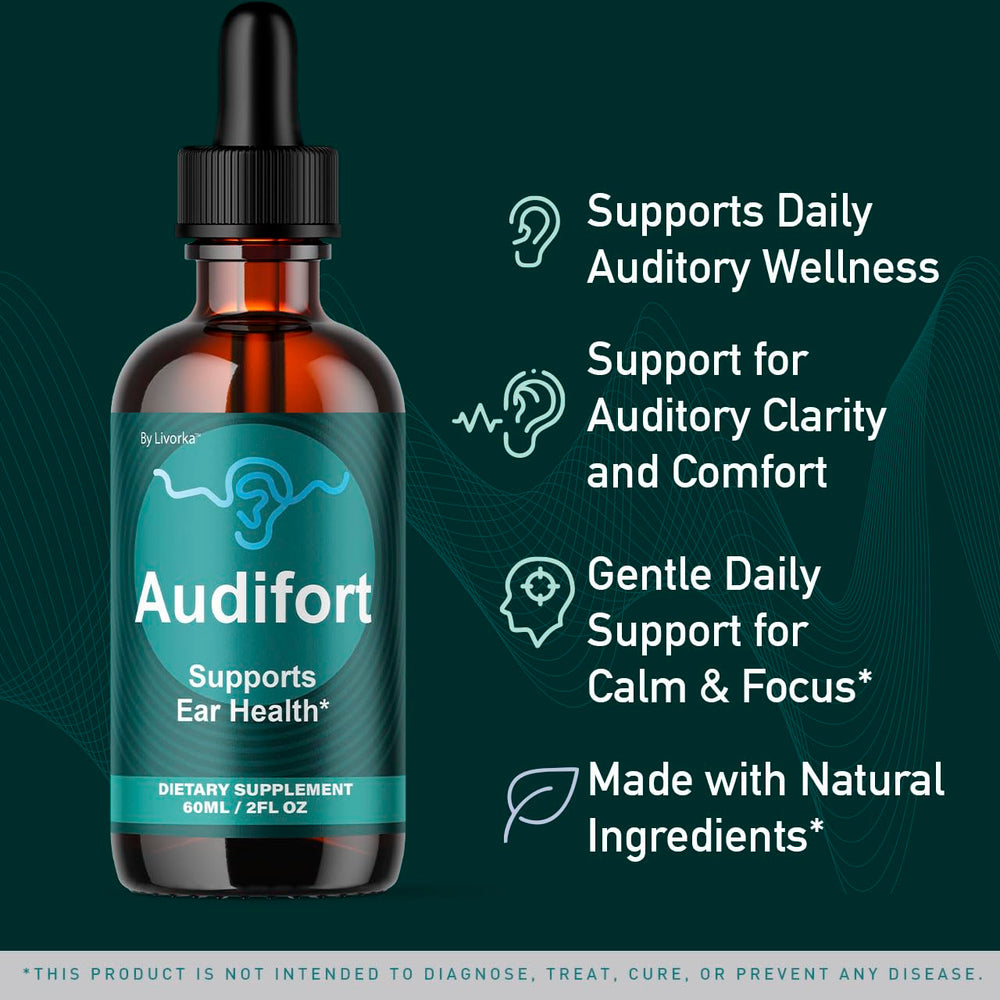 LIVORKA Audifort Drops 5 pack display highlighting value for monthly ear care routine.