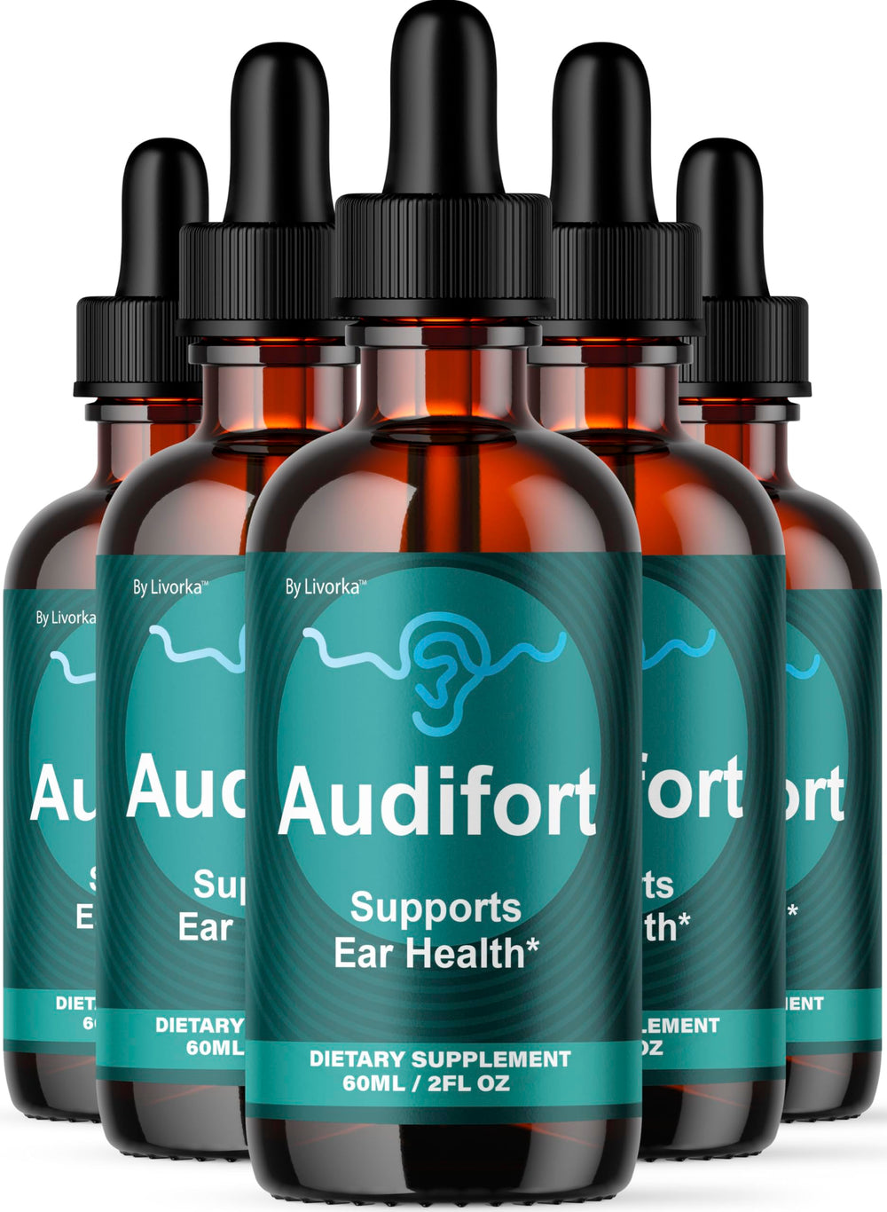 LIVORKA Audifort Drops bottle front showing clean liquid for daily ear support.