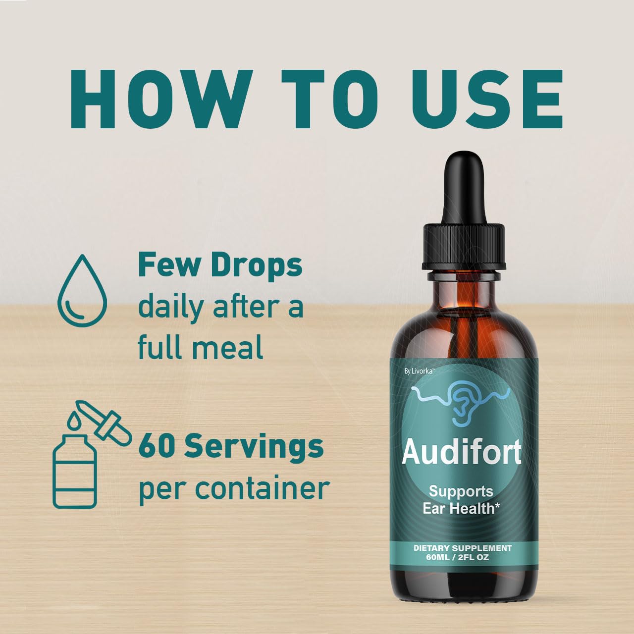 LIVORKA Audifort Drops dropper top close up emphasizing precise dosing.
