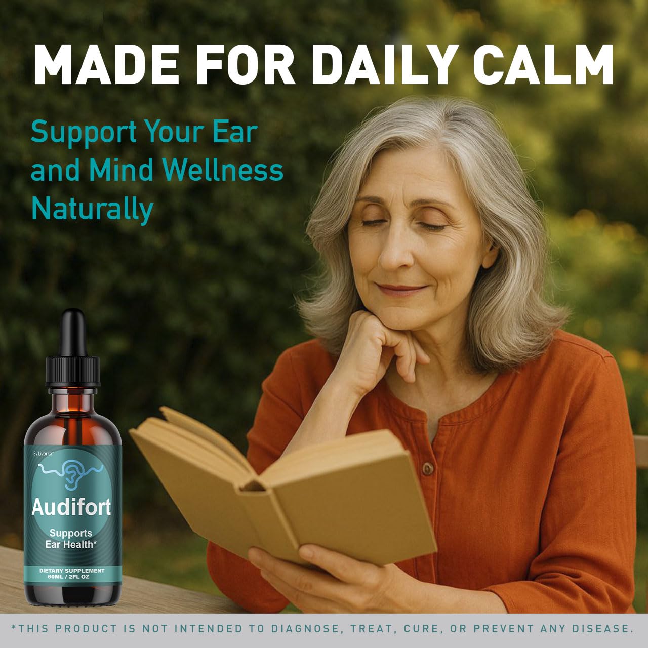 LIVORKA Audifort Drops liquid visible in bottle for an all natural ear care formula.