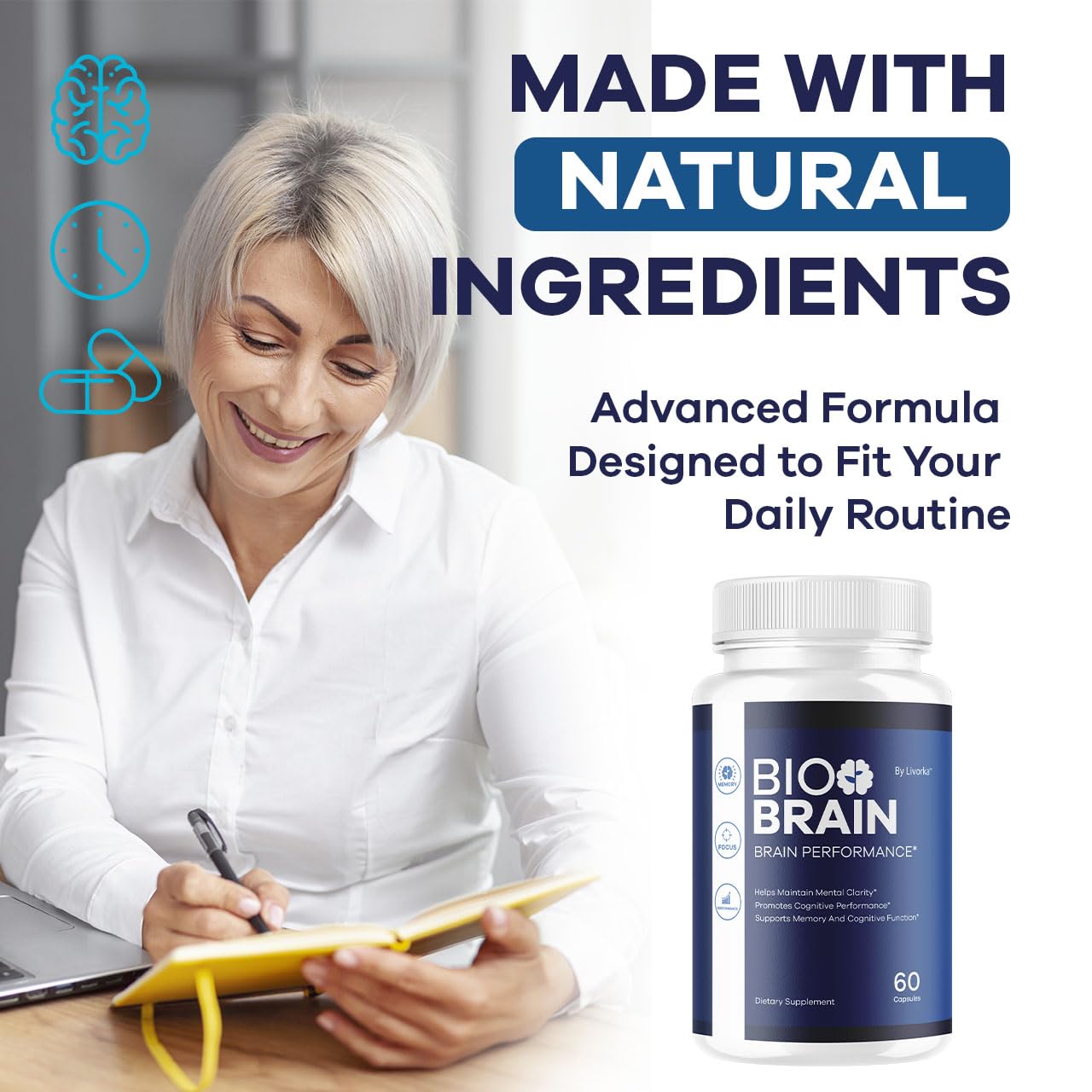 LIVORKA Bio Brain Capsules with glass of water for convenient dosage