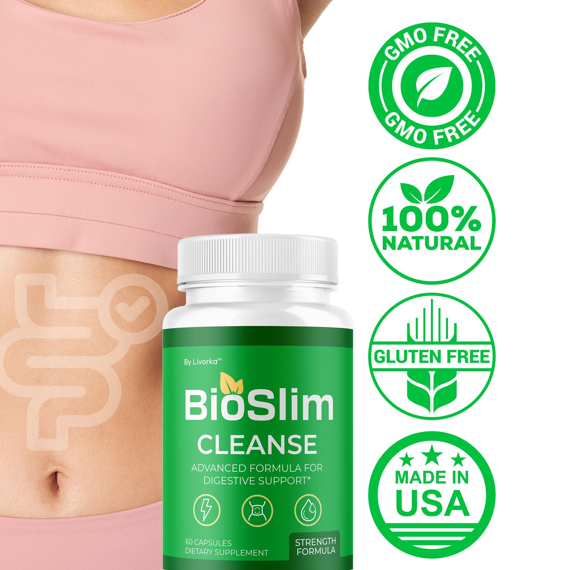LIVORKA BioSlim Cleanse capsules laid out for a daily digestive support routine.