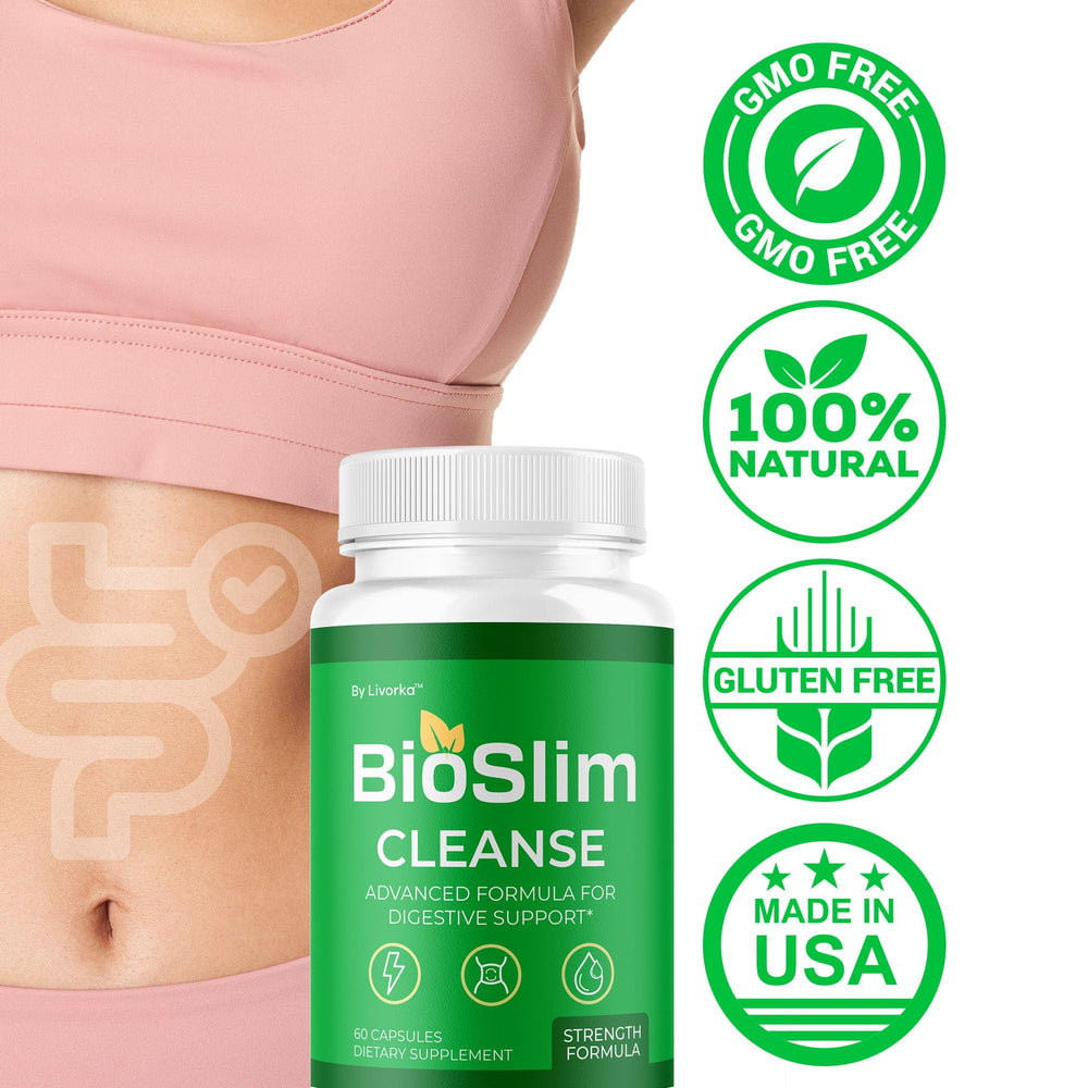 LIVORKA BioSlim Cleanse capsules laid out for a daily digestive support routine.