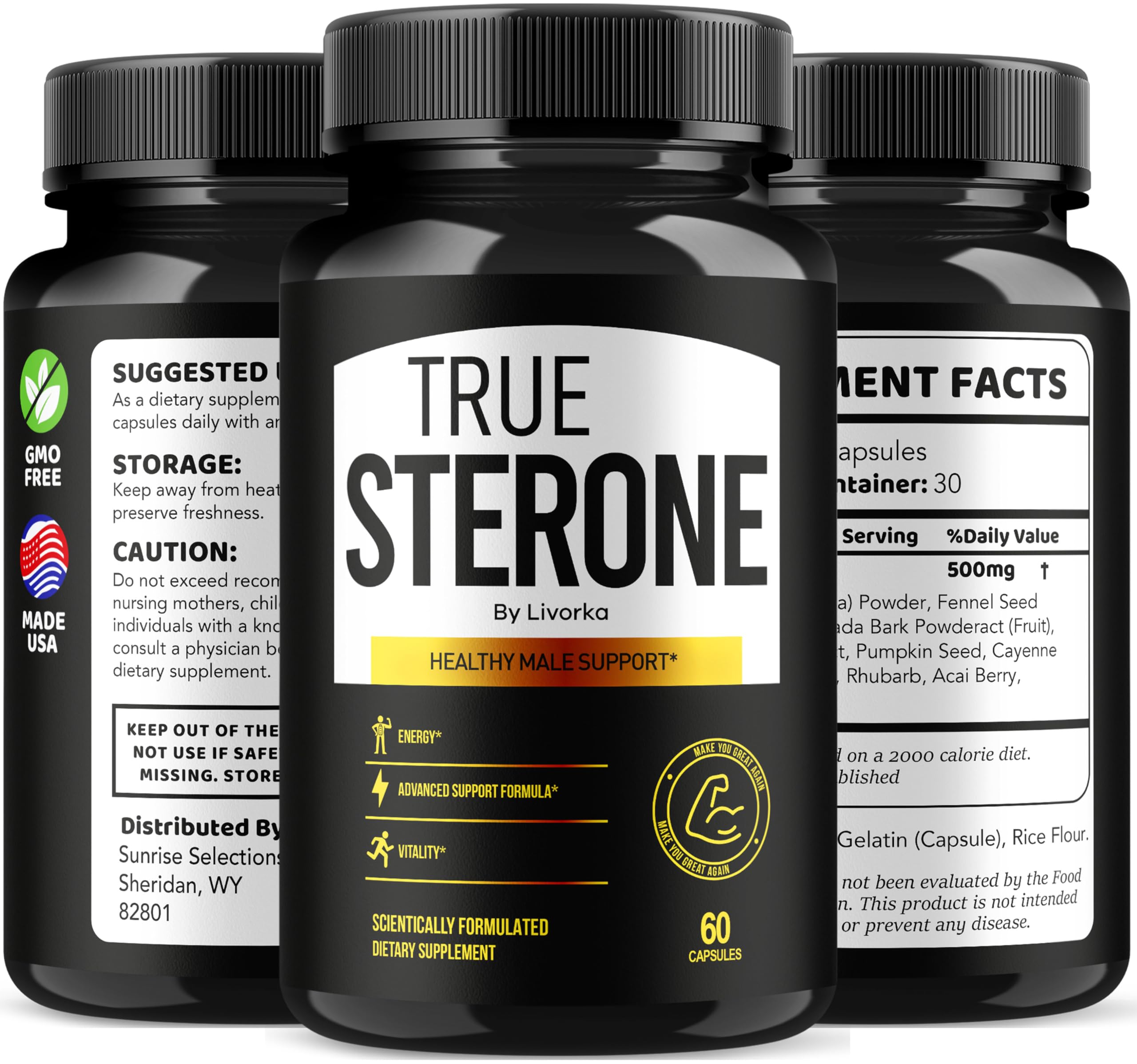 Daily-use ritual with LIVORKA True Sterone pills shown beside water glass.
