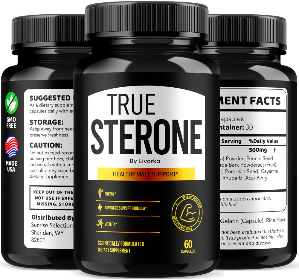 Daily-use ritual with LIVORKA True Sterone pills shown beside water glass.