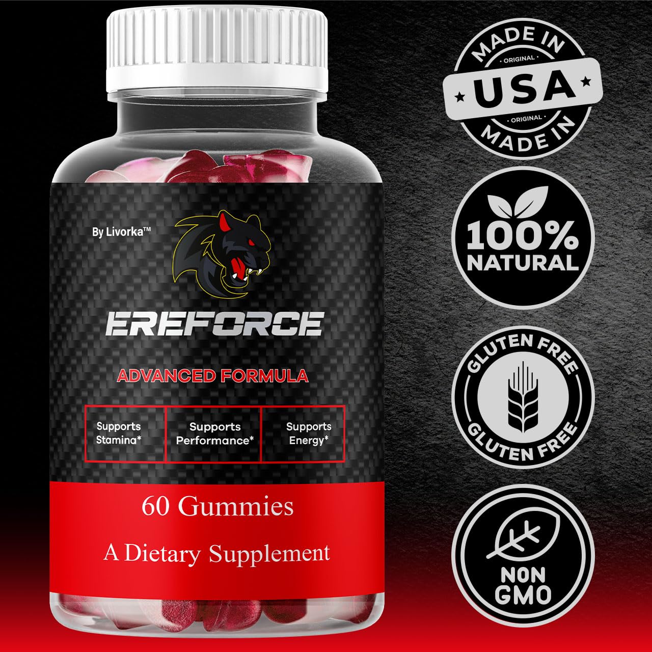LIVORKA Ereforce gummies close-up texture and vibrant color