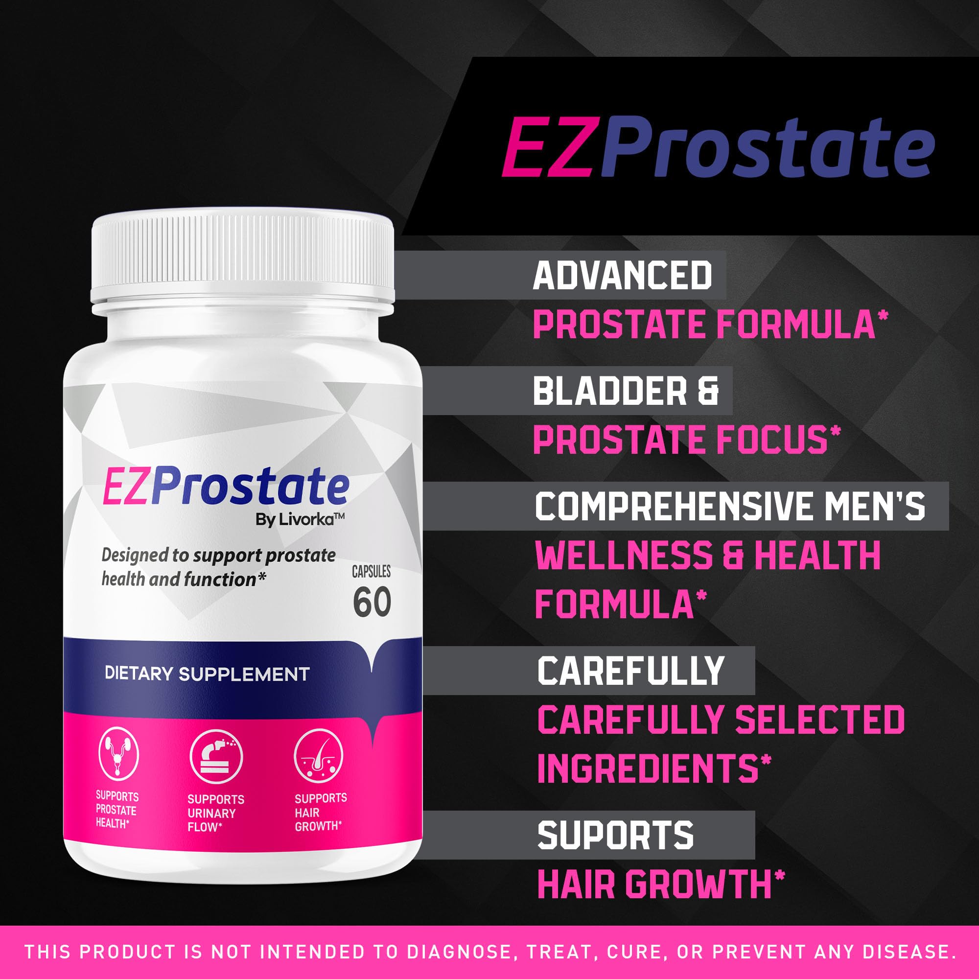 Close-up of EZ Prostate capsules showing easy-to-swallow pills.