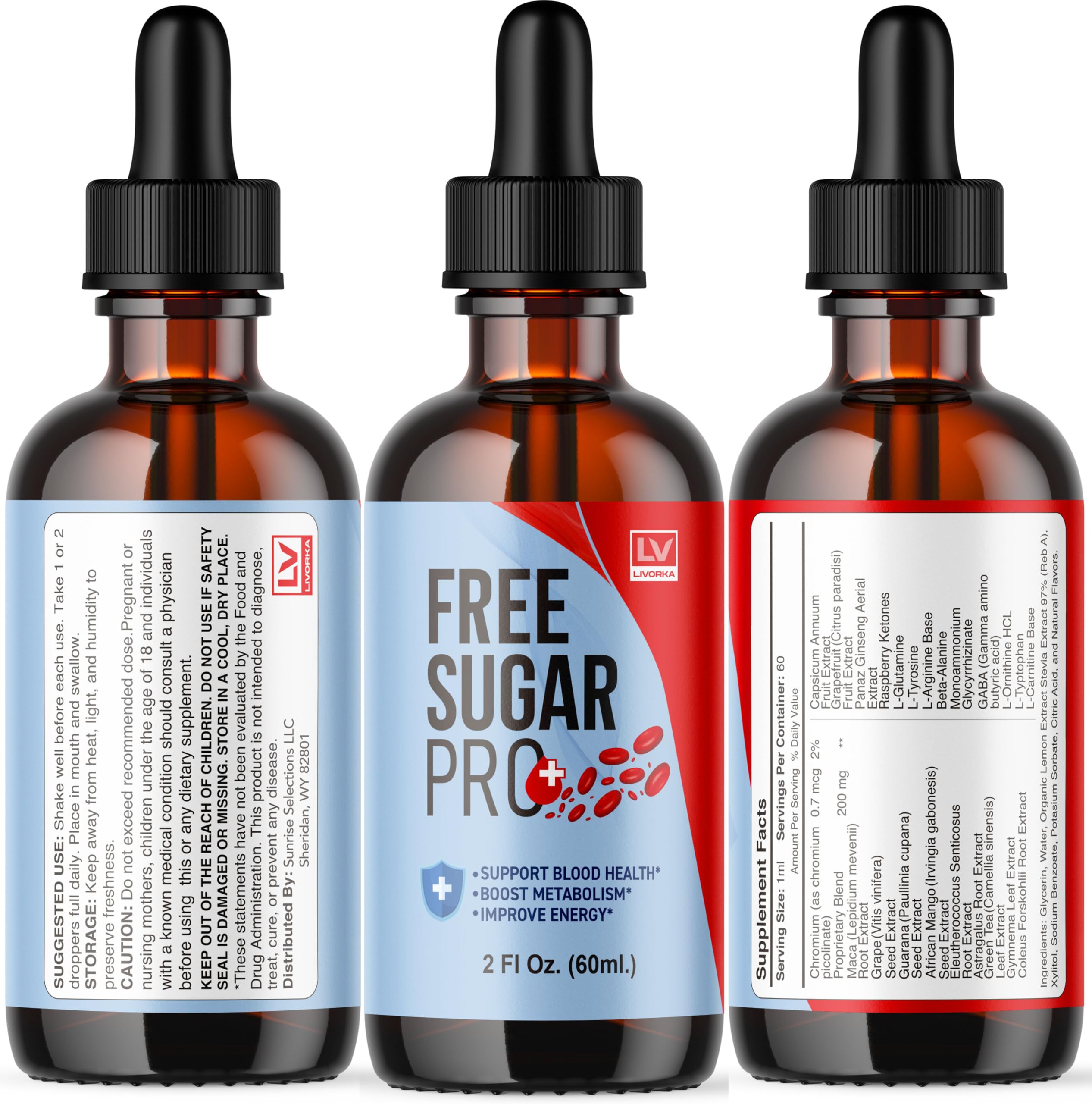 Livorka Free Sugar Pro Drops 3-pack display section.