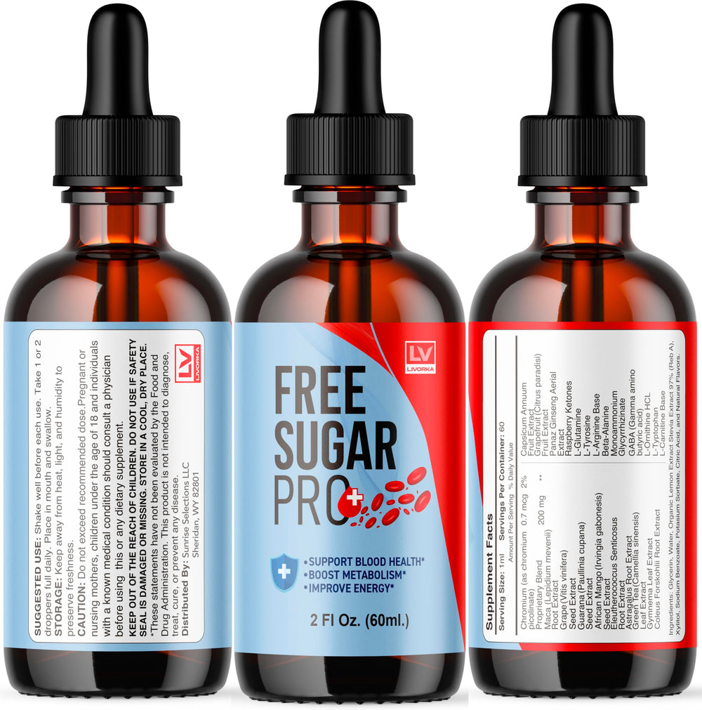 Livorka Free Sugar Pro Drops 3-pack display section.