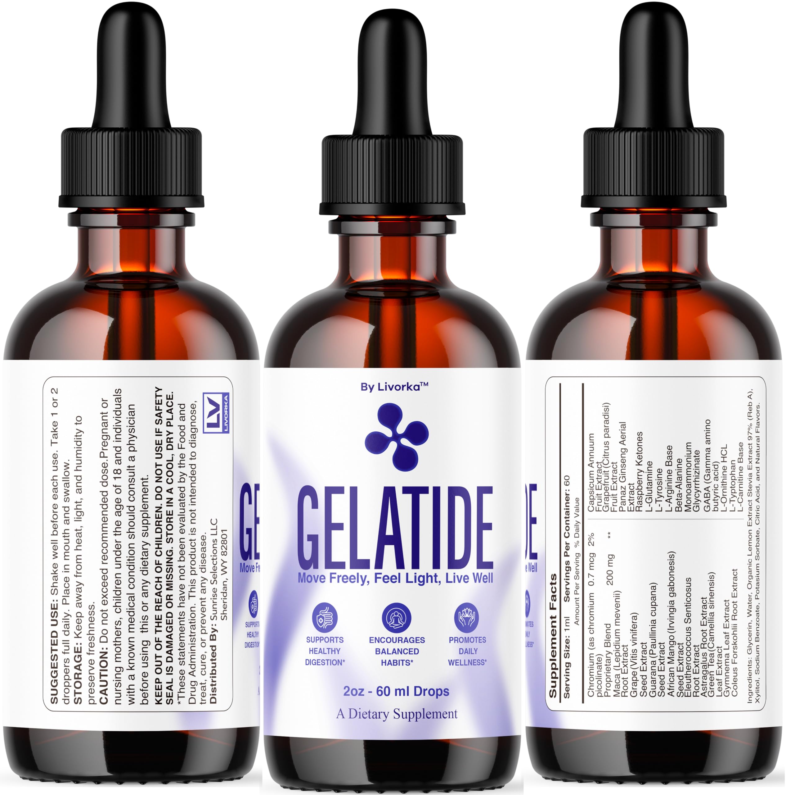 LIVORKA Gelatide Drops bottle with water, simple daily use