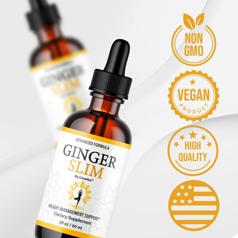 LIVORKA Ginger Slim Drops droplets on a light surface showing measured dosage.