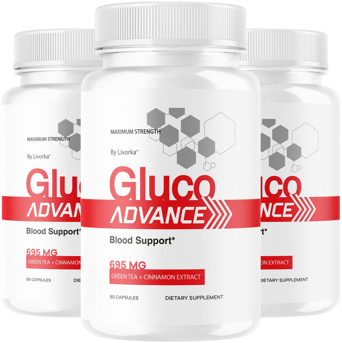 LIVORKA Gluco Advance bottle close-up shows premium packaging for daily wellness.
