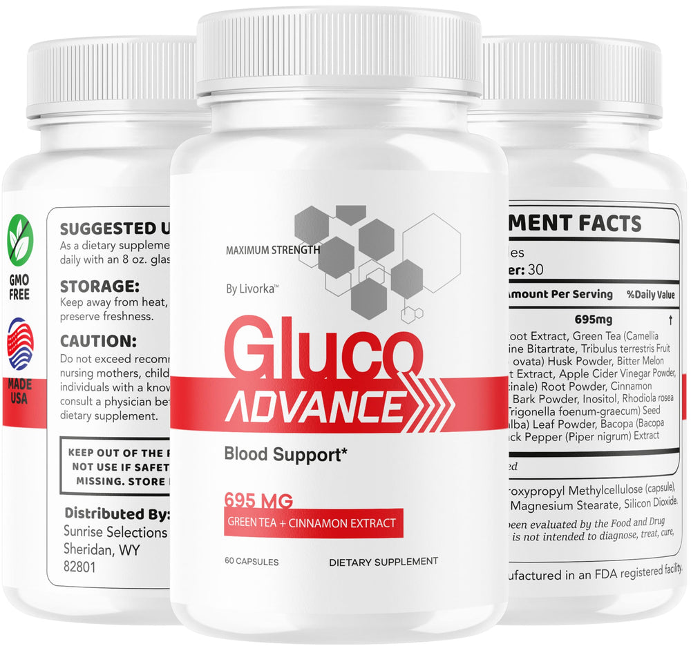 LIVORKA Gluco Advance bottle on table conveys reliable daily supplement.