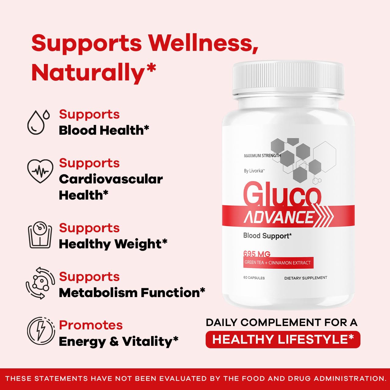 LIVORKA Gluco Advance label detail shows clean, natural ingredients.