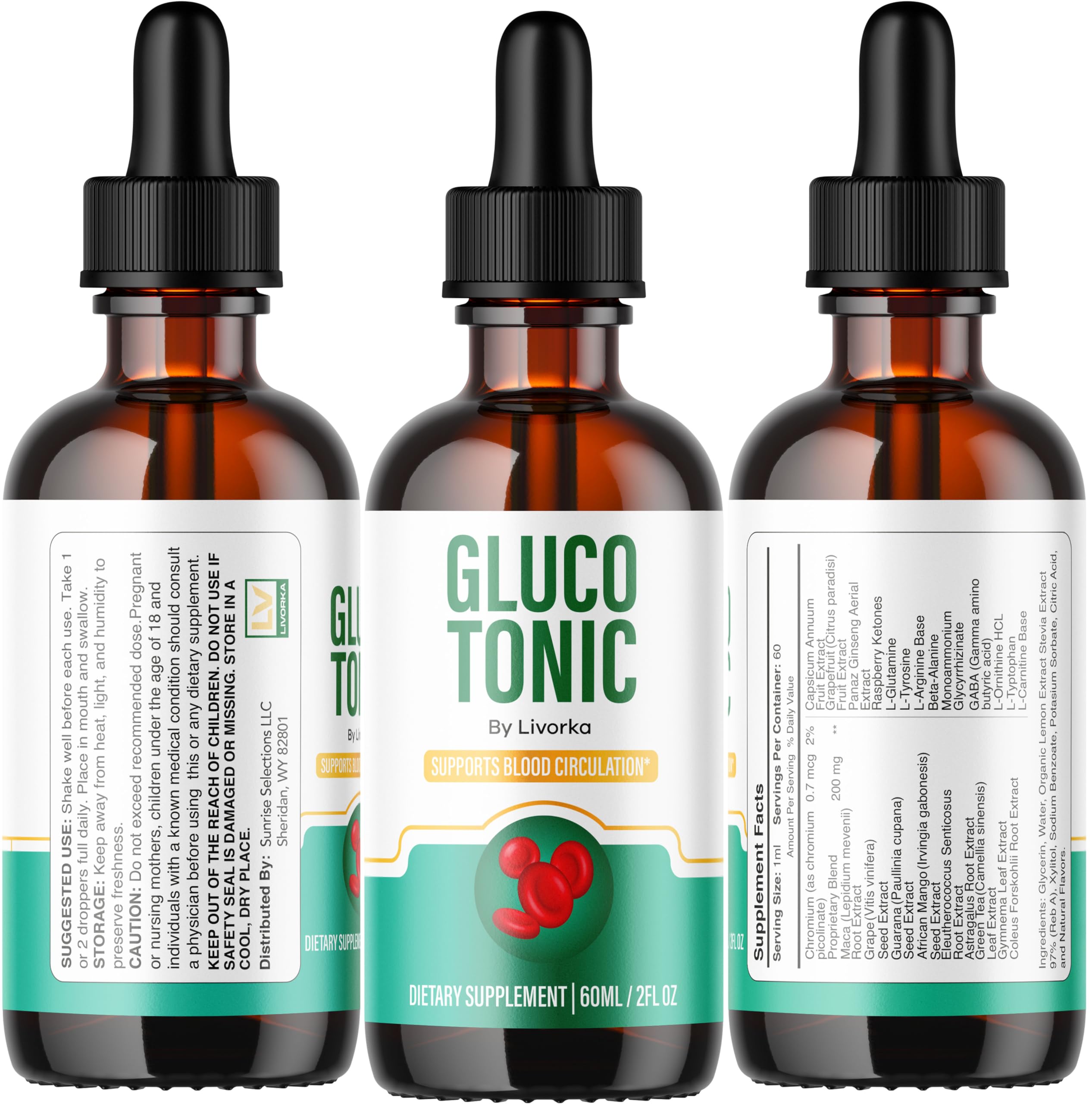 LIVORKA Gluco Tonic Drops dropper in focus for measured dosage.