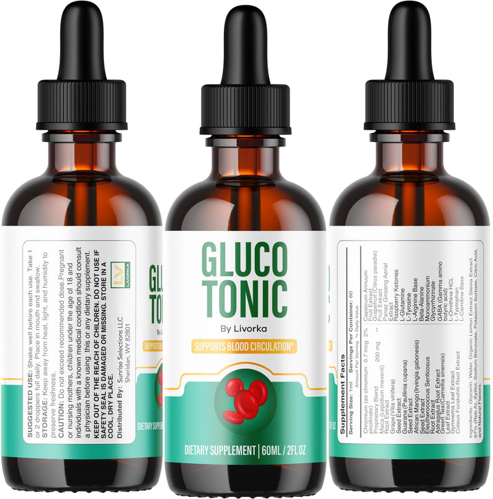 LIVORKA Gluco Tonic Drops dropper in focus for measured dosage.