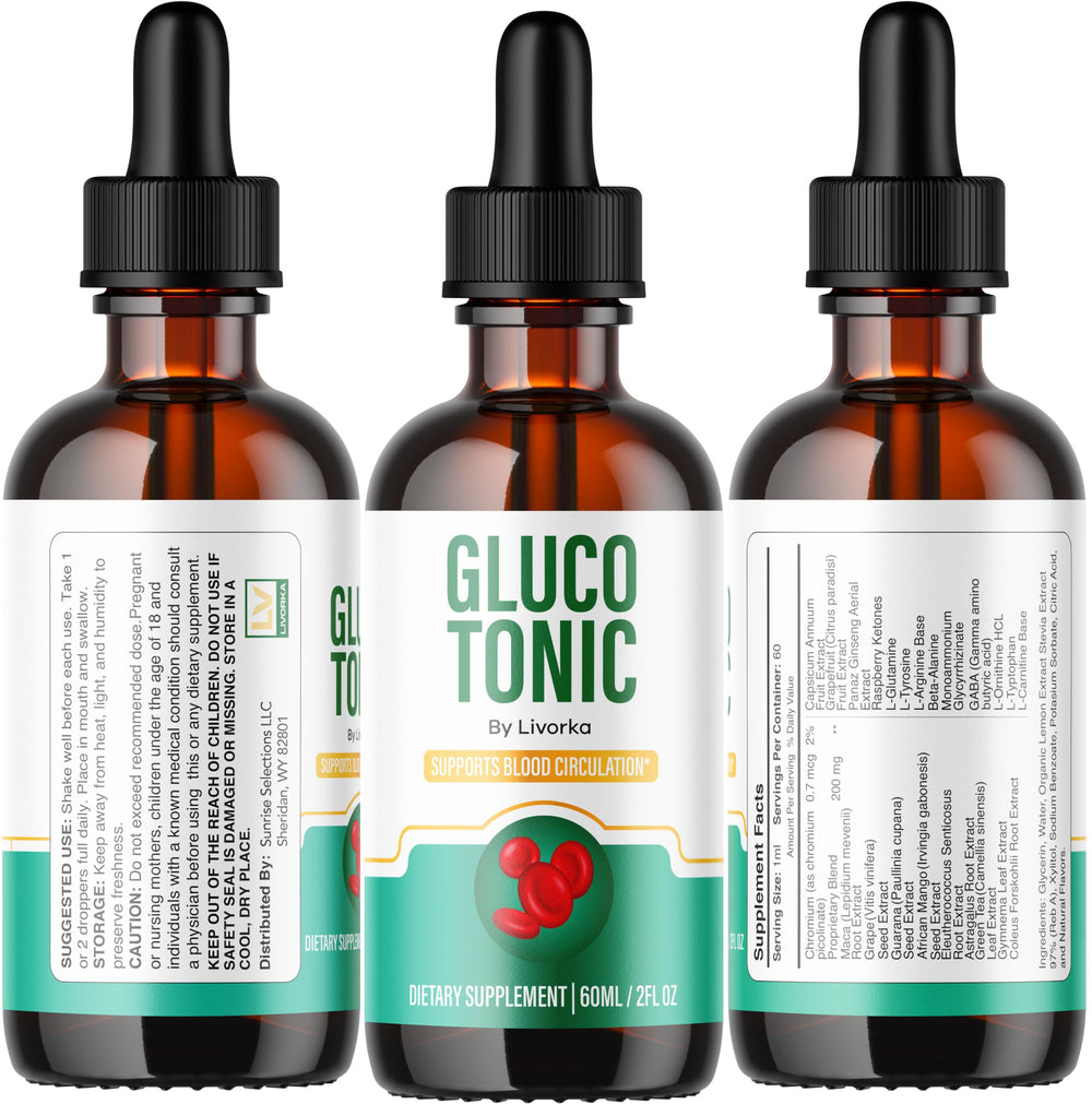 LIVORKA Gluco Tonic Drops dropper in focus for measured dosage.