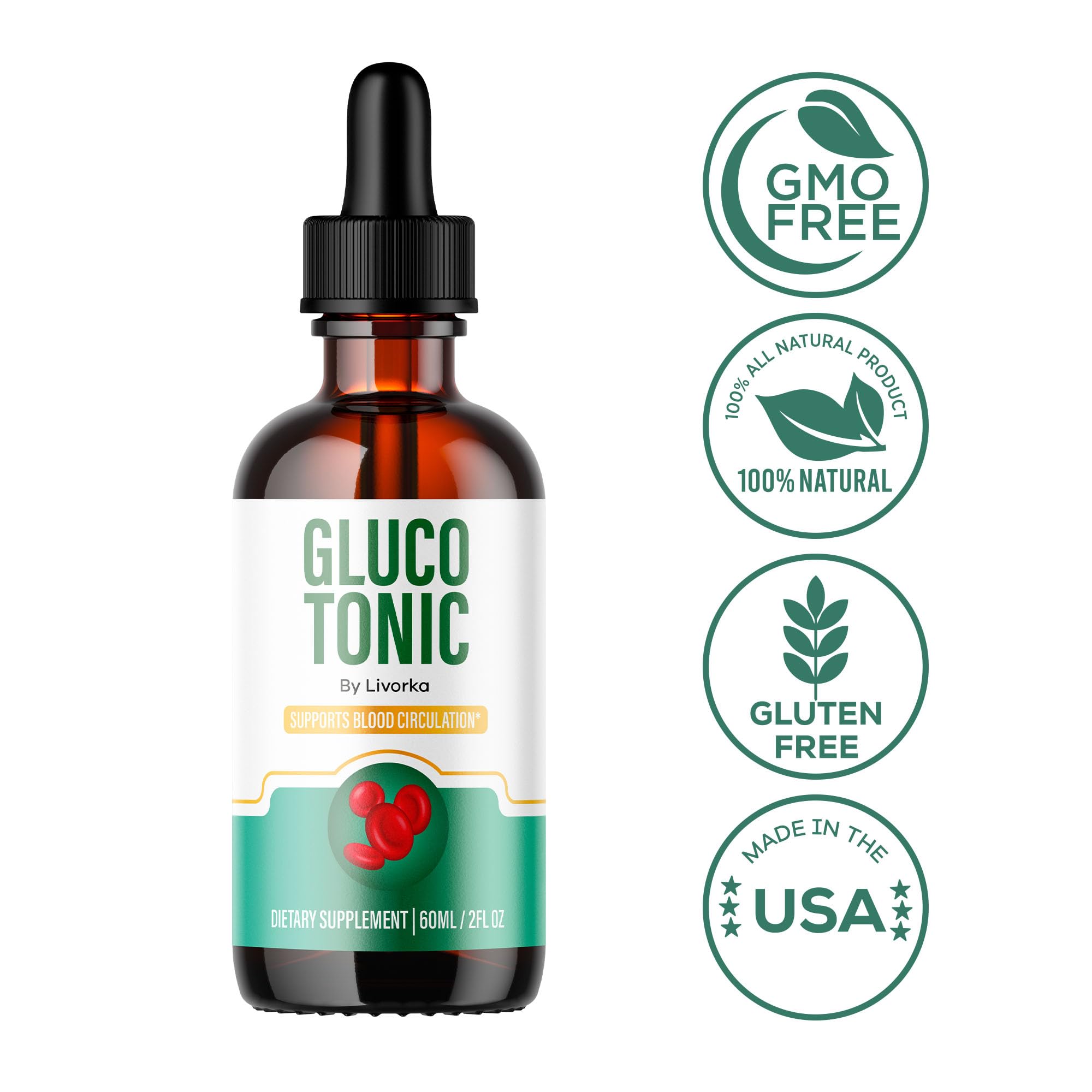 LIVORKA Gluco Tonic Drops label detail shows natural ingredients.
