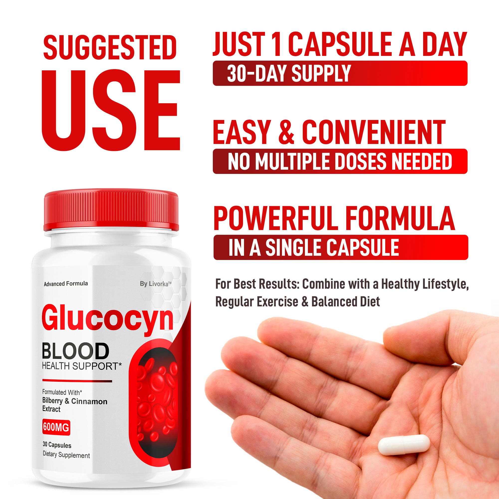 LIVORKA Glucocyn capsules closeup highlights easy-to-swallow form.