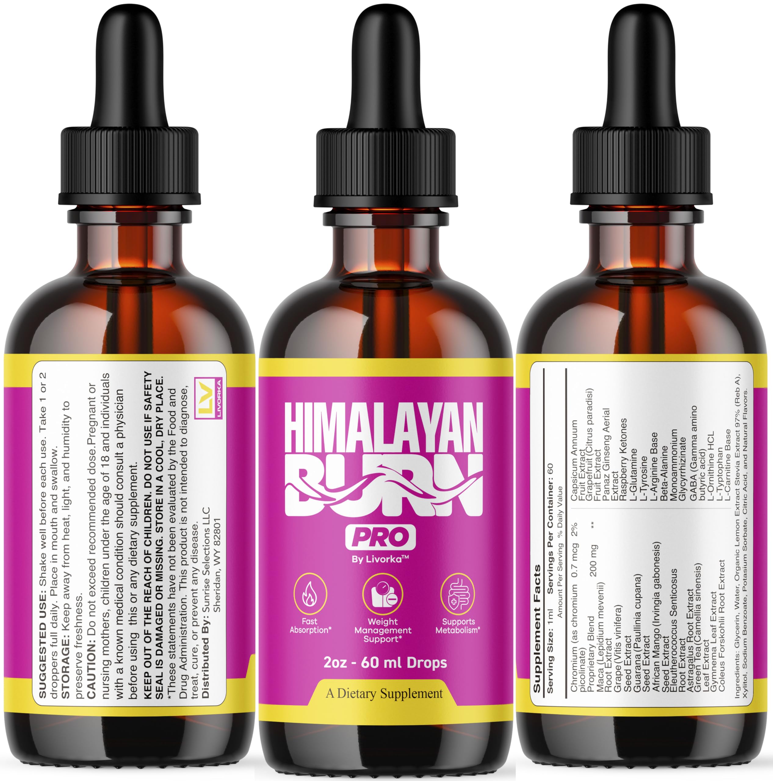 LIVORKA Himalayan Burn Pro Drops label highlights vegan formula.