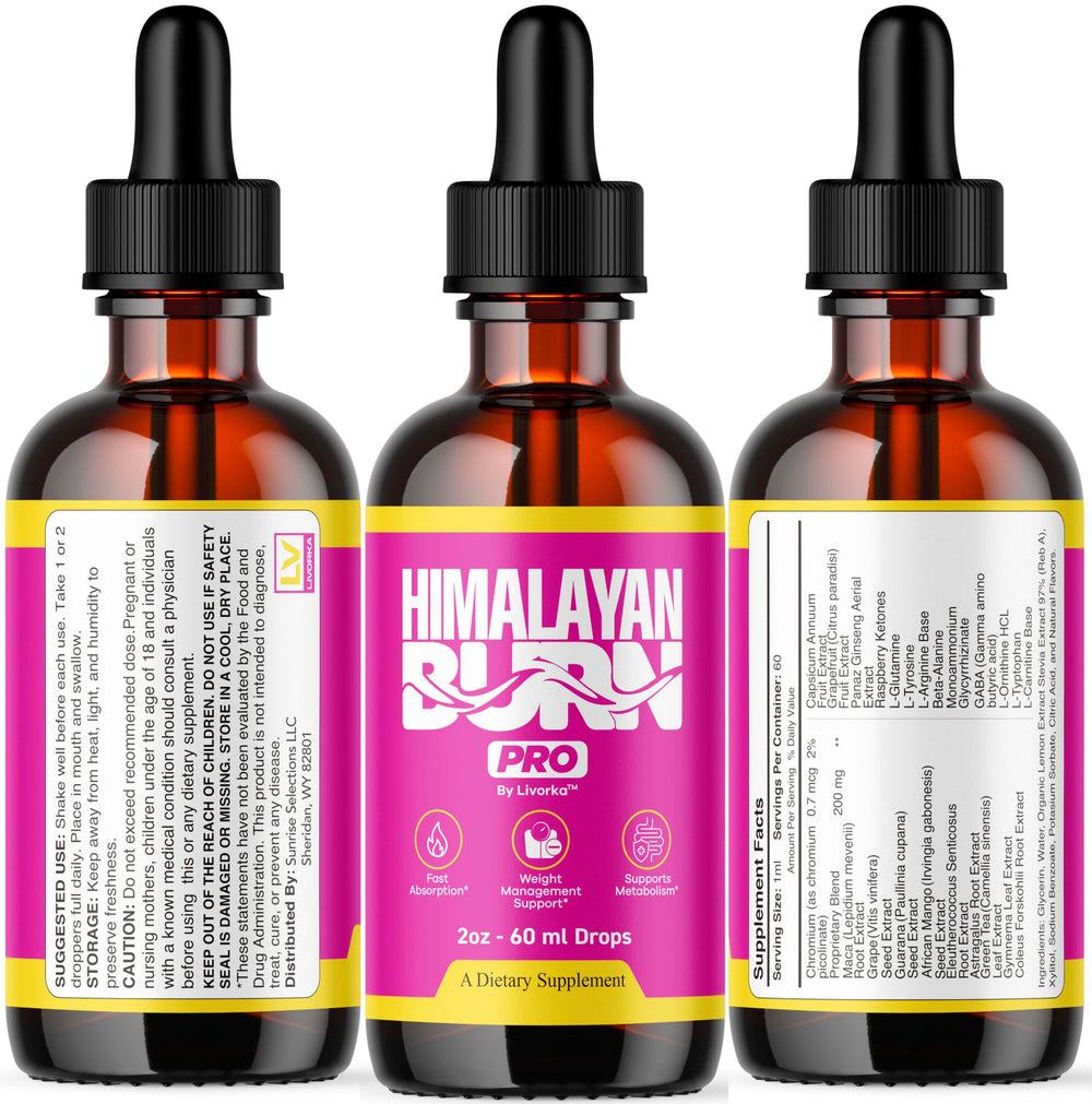 LIVORKA Himalayan Burn Pro Drops label highlights vegan formula.