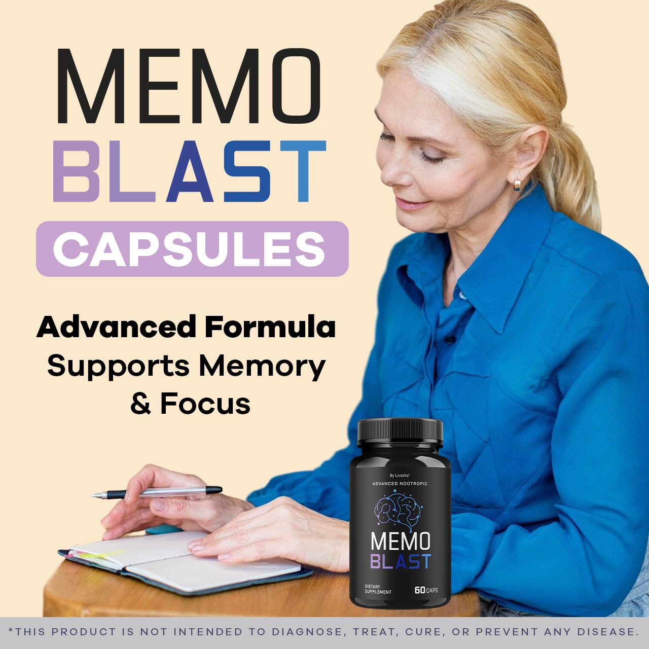 LIVORKA Memo Blast capsules back view showing dosage information for daily use
