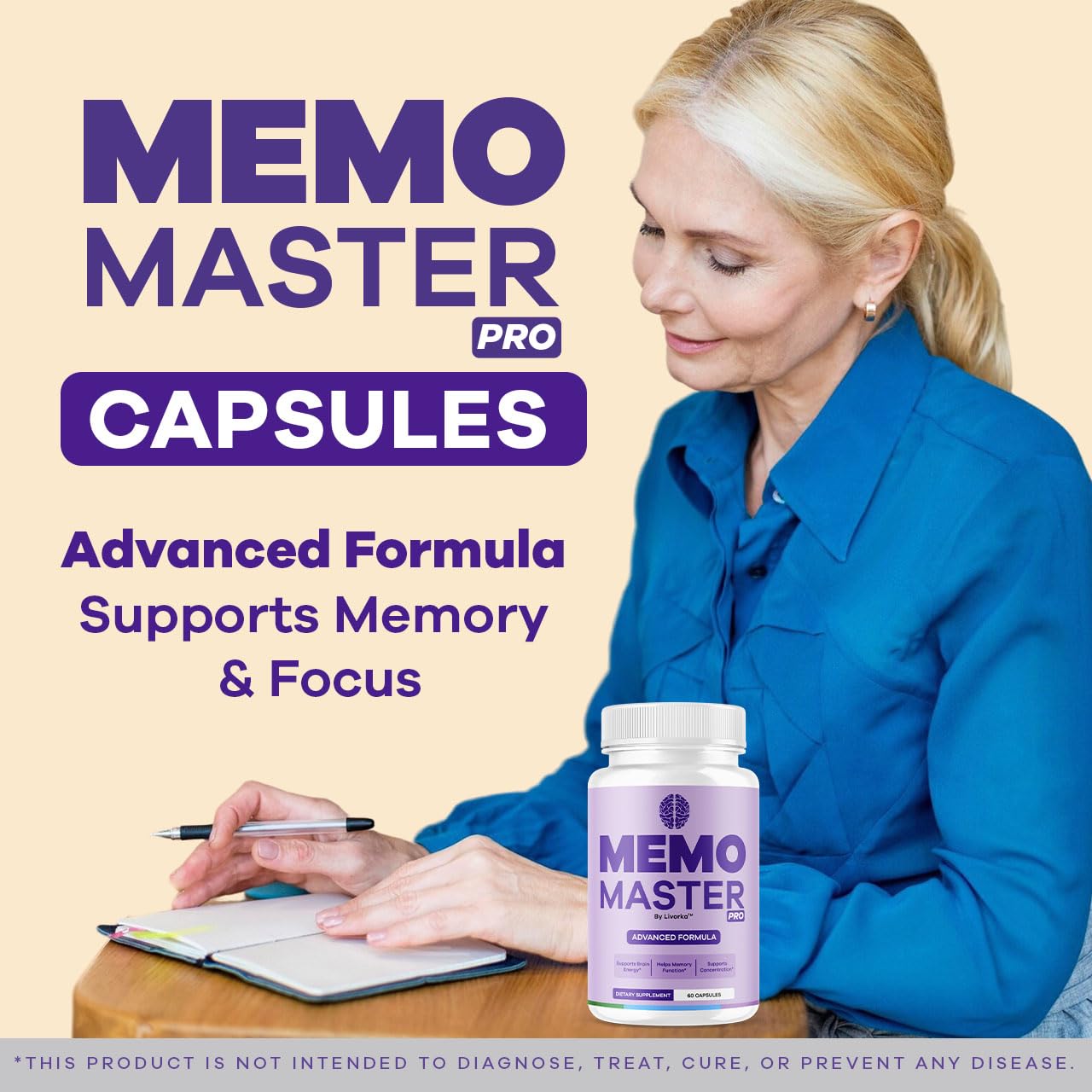 LIVORKA Memo Master Pro bottle label highlights natural ingredients and 60 capsules per bottle.