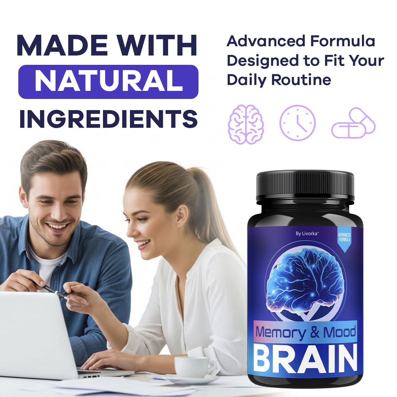 LIVORKA Memory Mood Brain capsules on desk during study session.