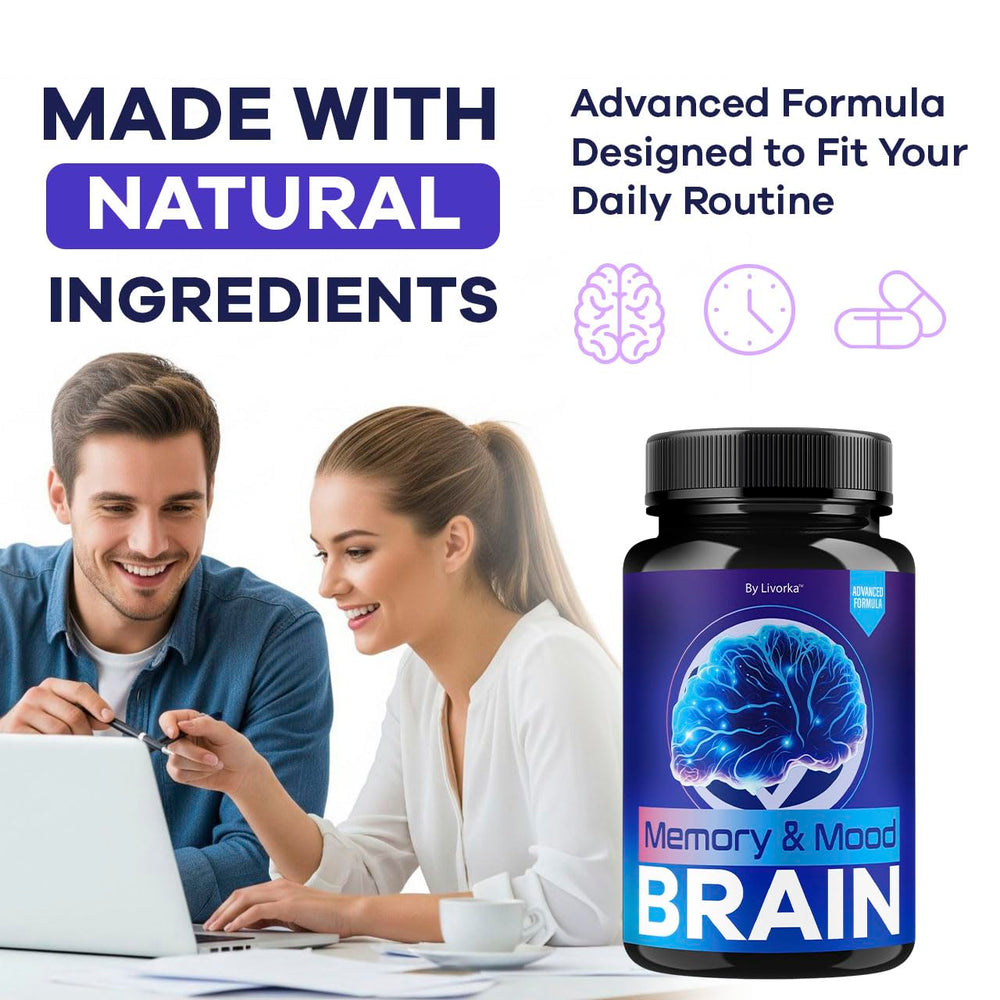 LIVORKA Memory Mood Brain capsules on desk during study session.