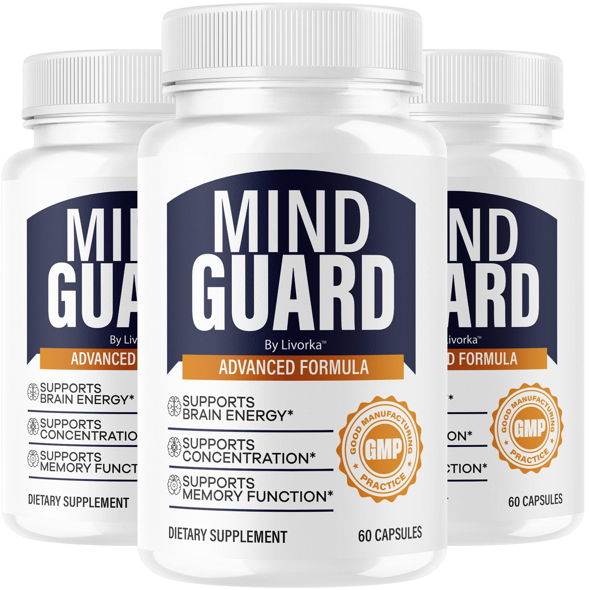 LIVORKA Mind Guard bottle front view with three-pack for daily brain support.