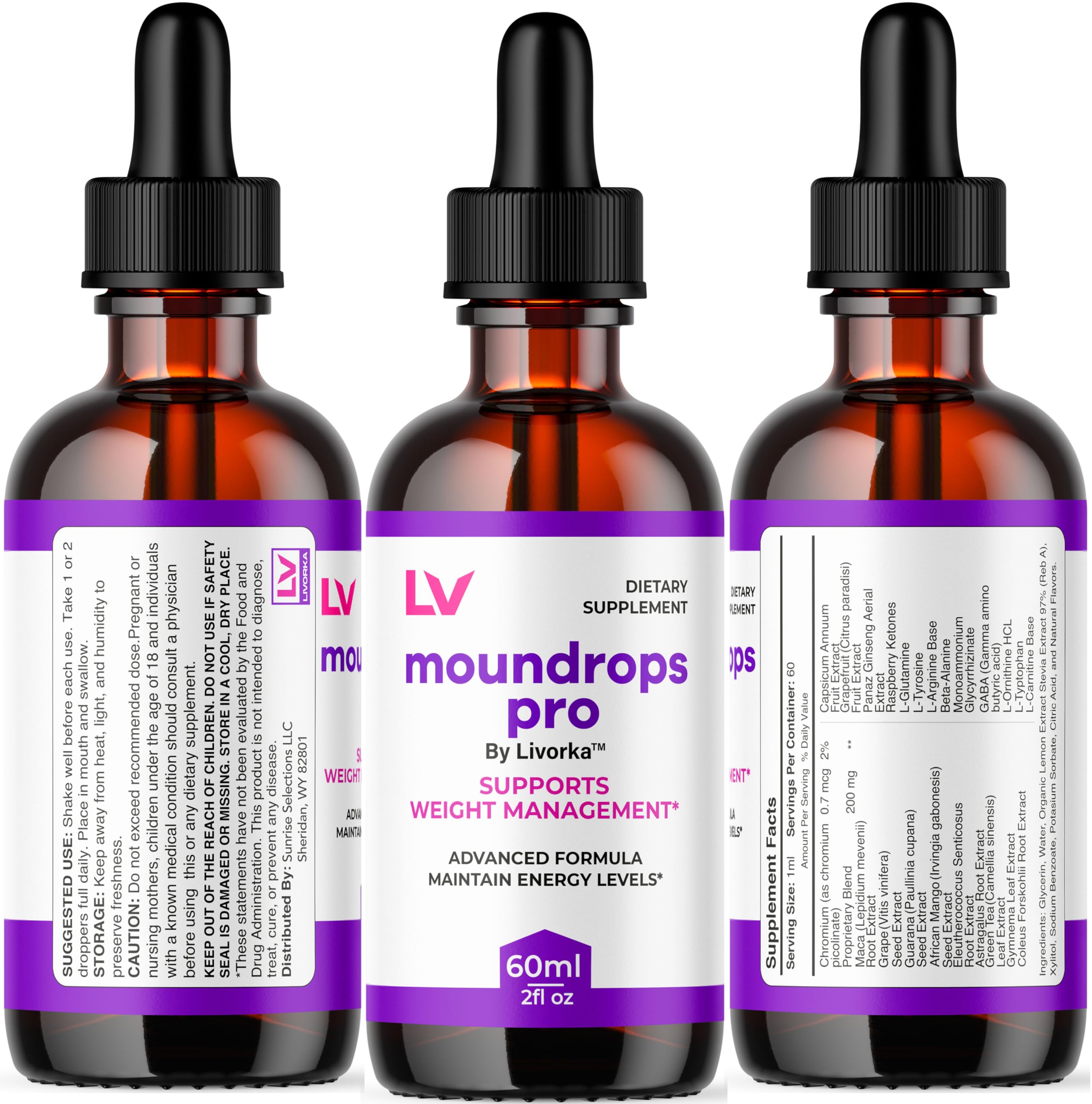 LIVORKA Moundrops Pro nutrition label—quick reference for use.